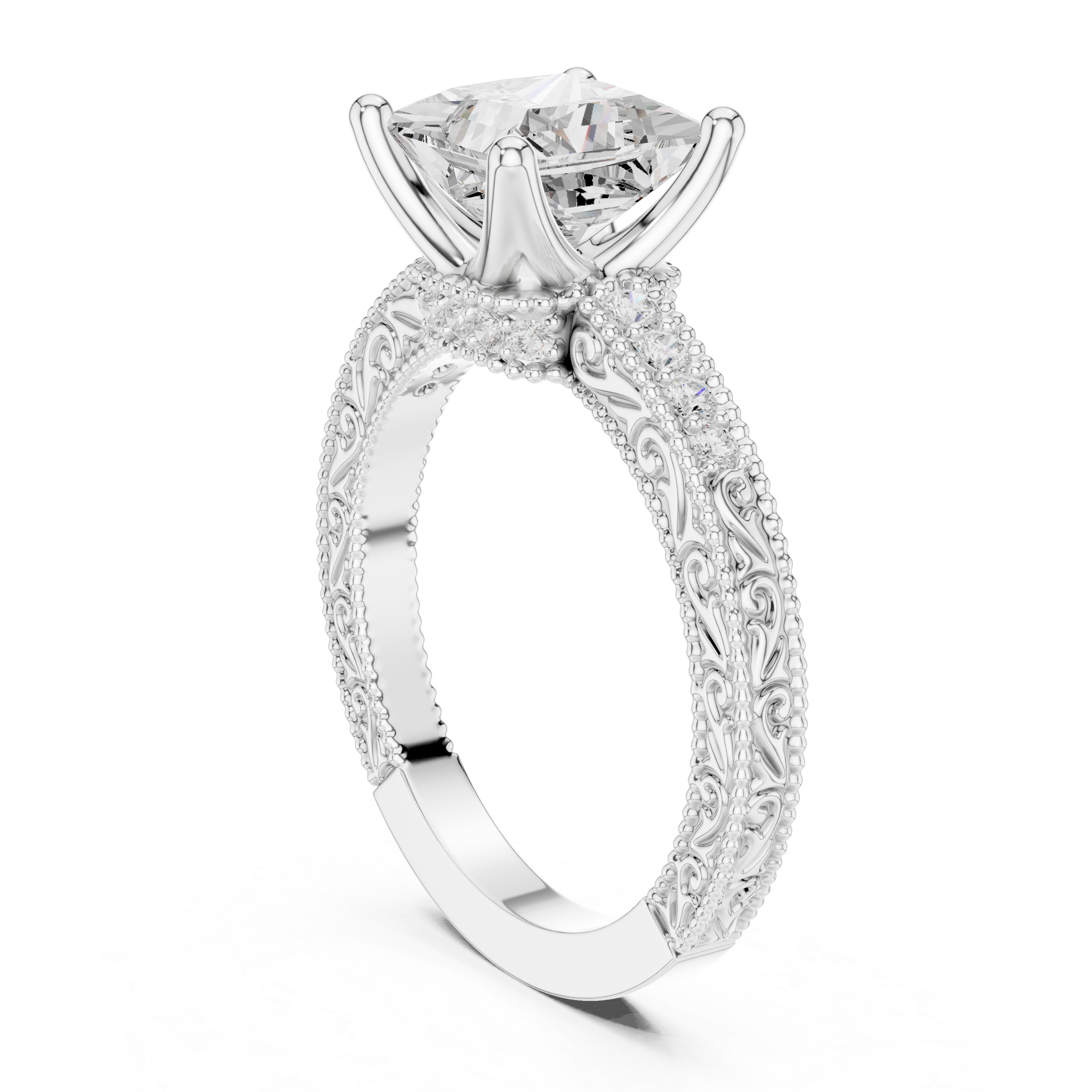 Vintage Princess Cut Diamond Engagement Ring with Filigree Milgrain Setting