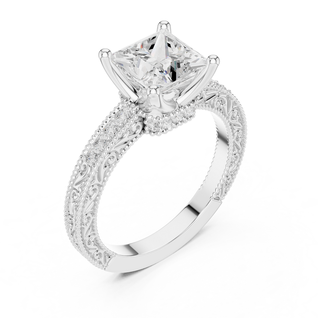 Vintage Princess Cut Diamond Engagement Ring with Filigree Milgrain Setting