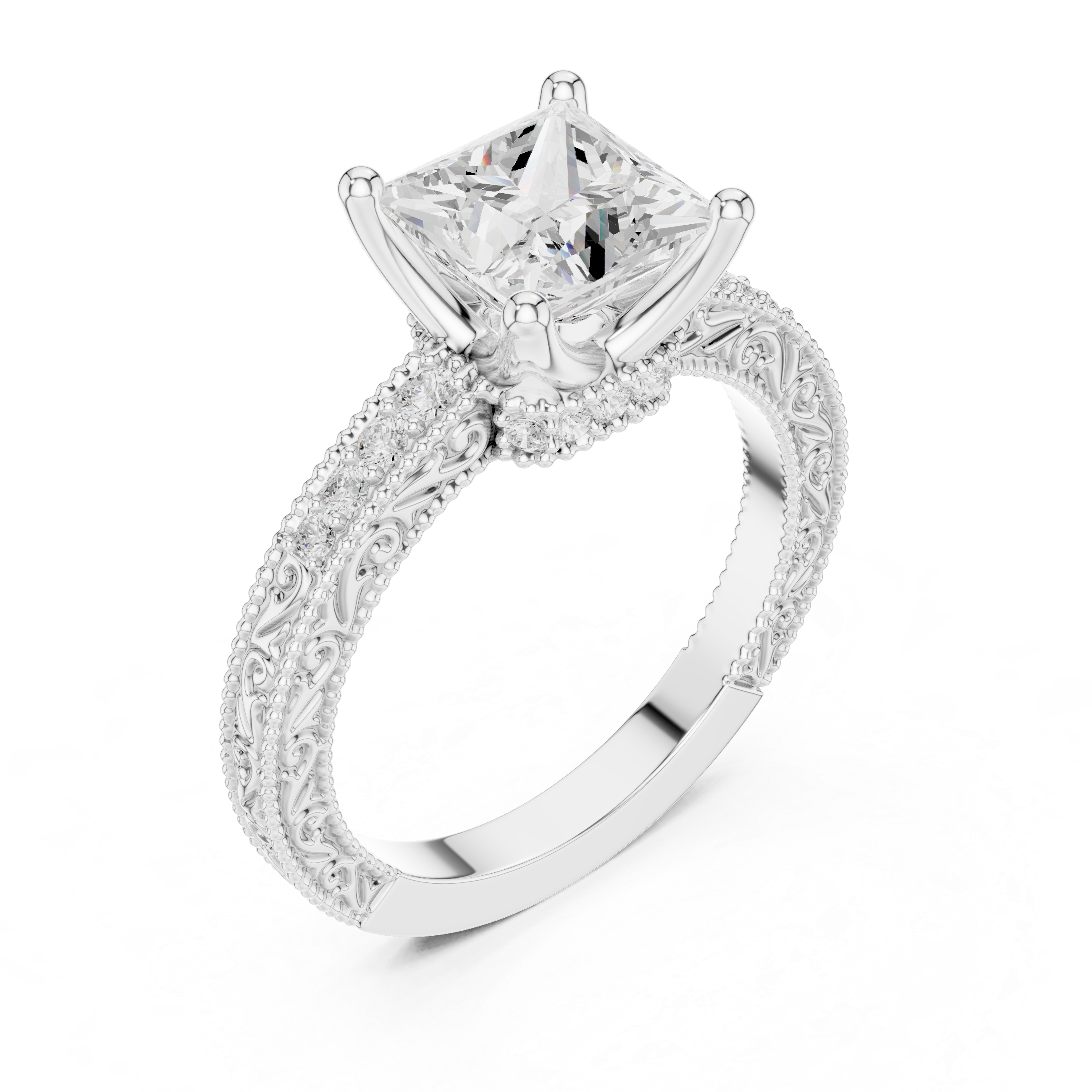 Vintage Princess Cut Diamond Engagement Ring with Filigree Milgrain Setting