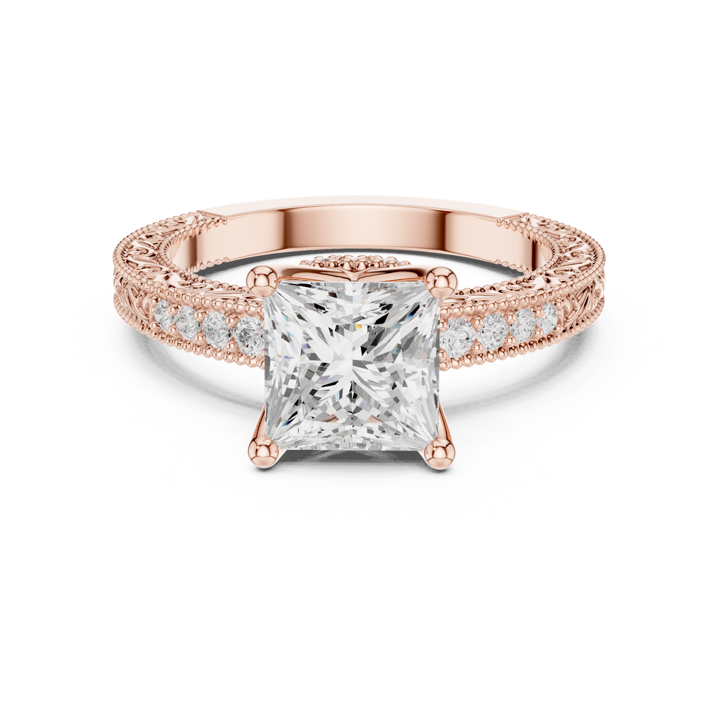 Vintage Princess Cut Diamond Engagement Ring with Filigree Milgrain Setting