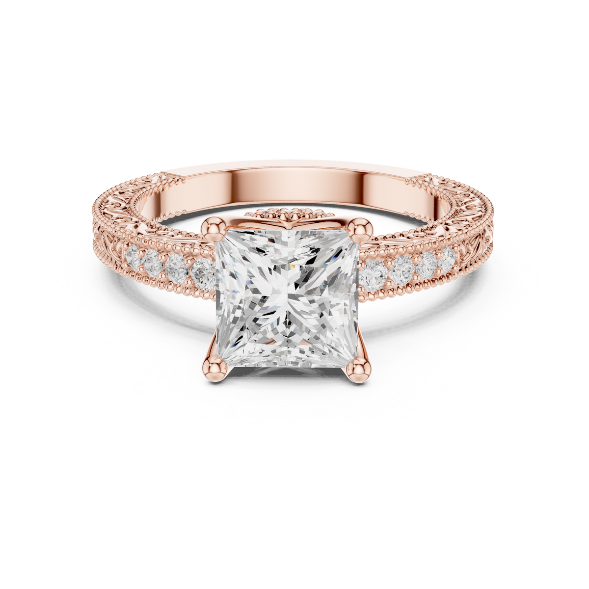 Vintage Princess Cut Diamond Engagement Ring with Filigree – view 5 of 12, lab grown diamond ring | Jewelix Atelier