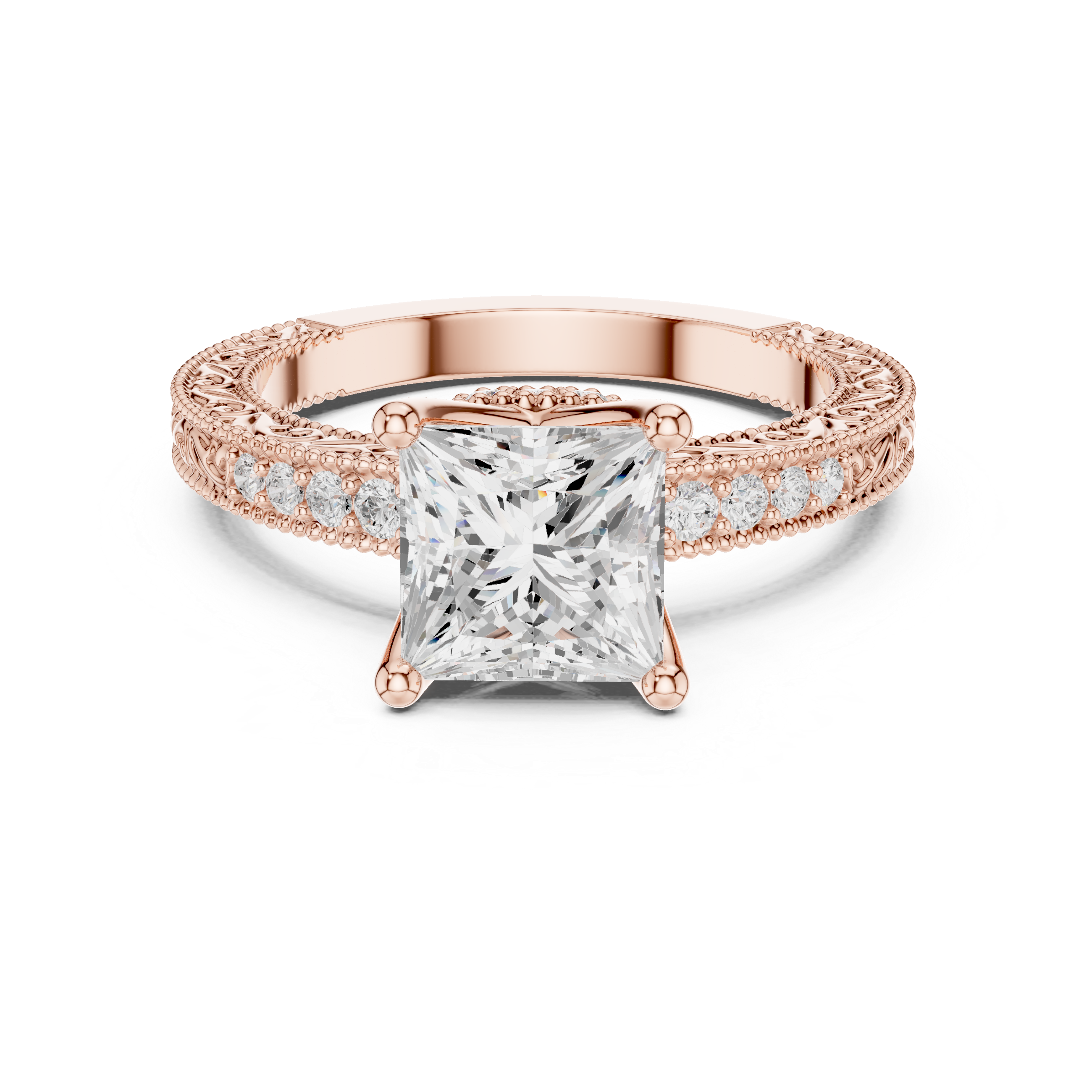 Vintage Princess Cut Diamond Engagement Ring with Filigree Milgrain Setting