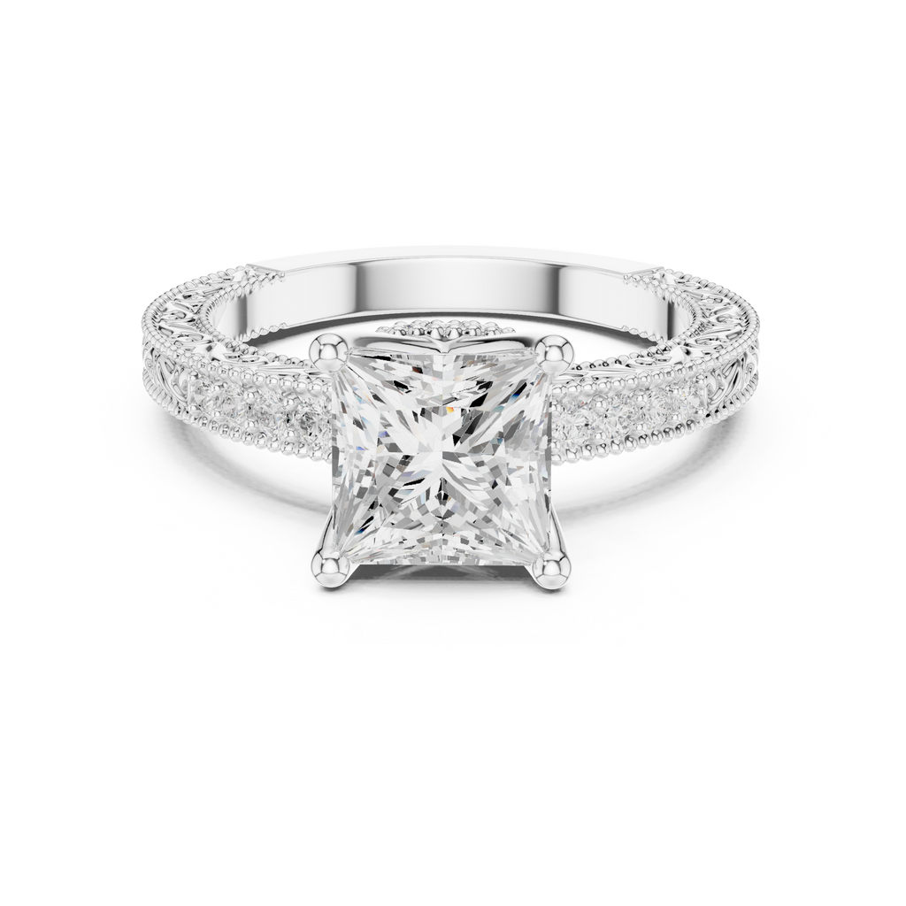 Vintage Princess Cut Diamond Engagement Ring with Filigree Milgrain Setting