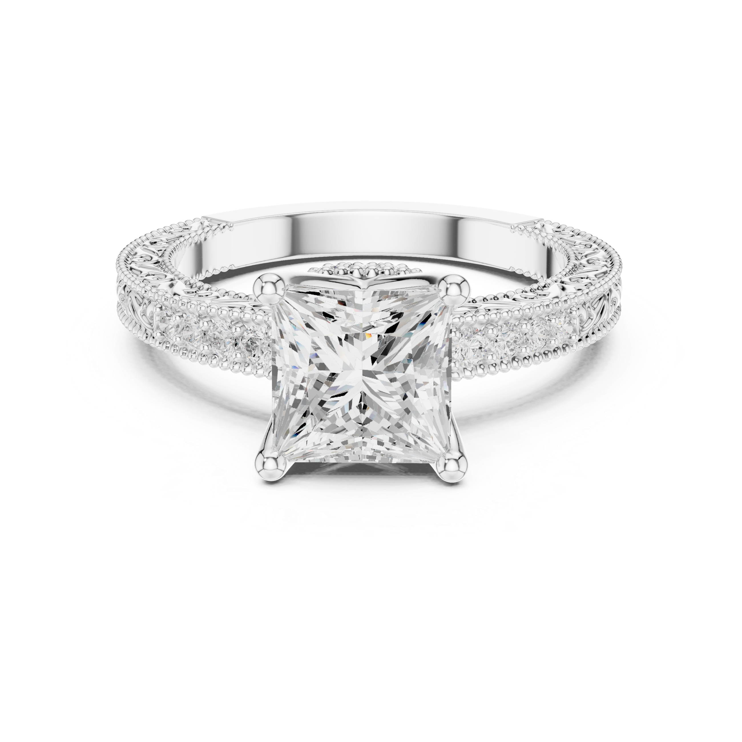 Vintage Princess Cut Diamond Engagement Ring with Filigree Milgrain Setting