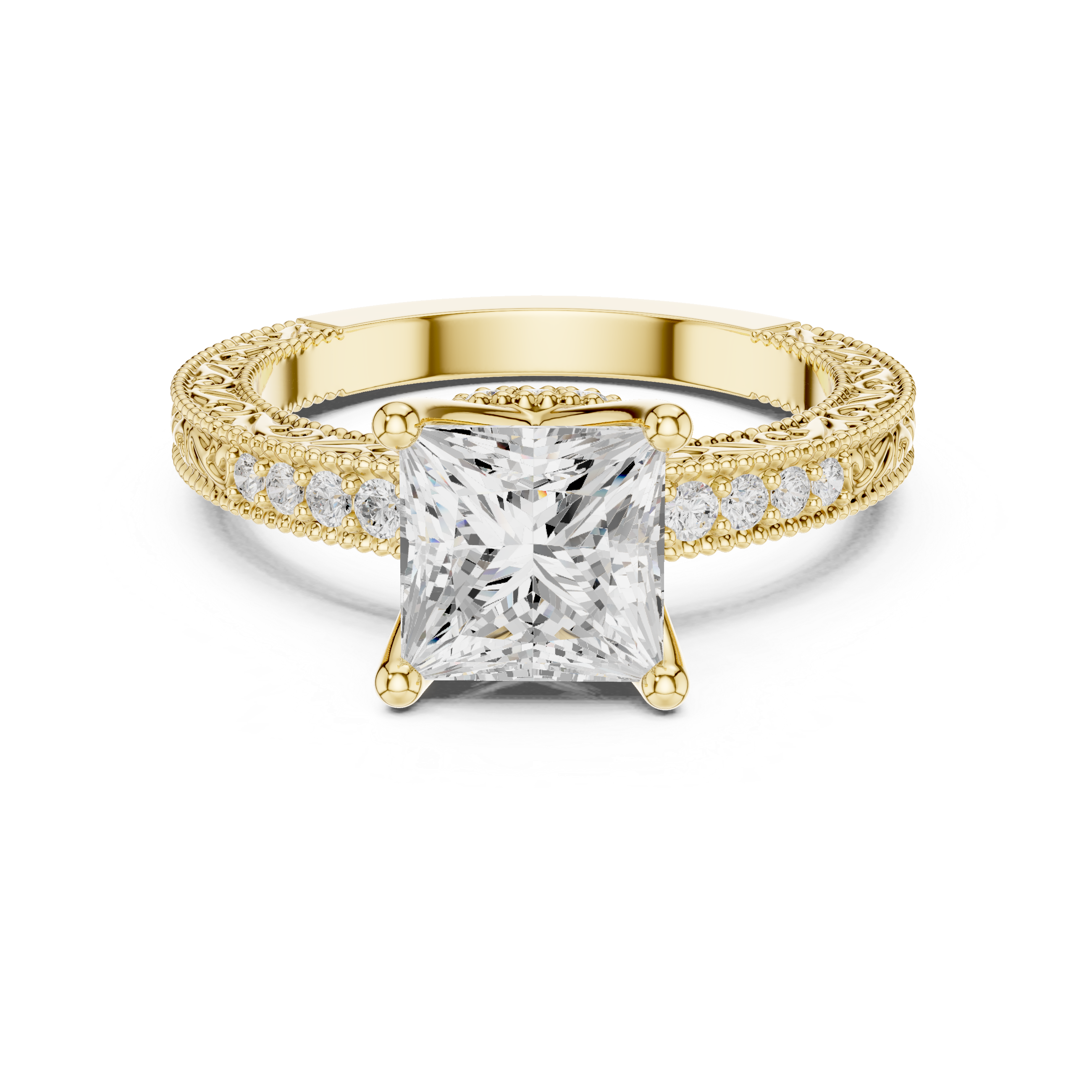 Vintage Princess Cut Diamond Engagement Ring with Filigree Milgrain Setting