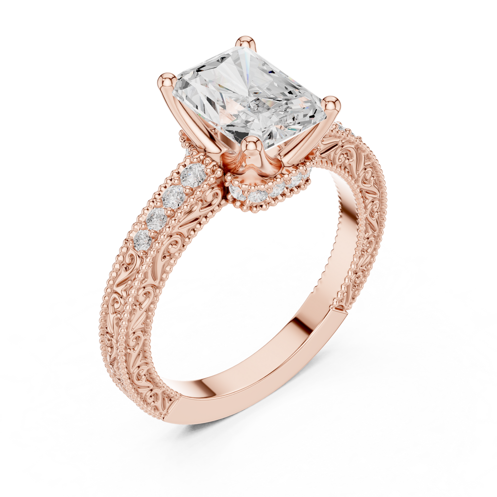 Vintage Radiant Cut Diamond Engagement Ring with Filigree Milgrain Band