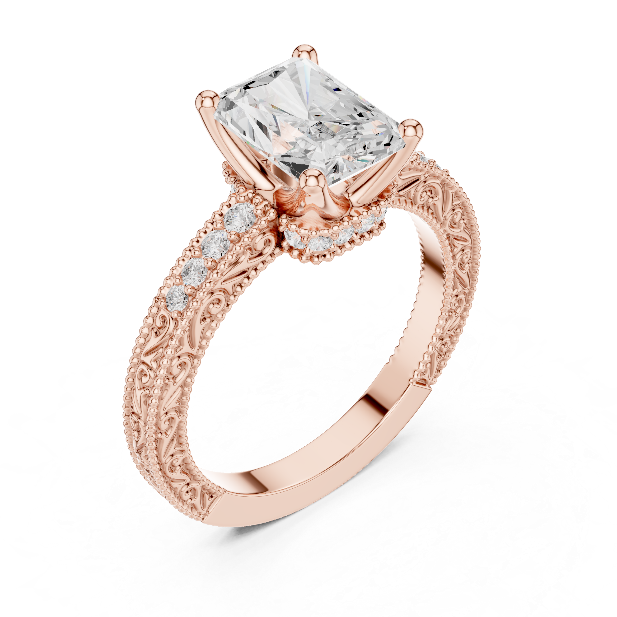 Vintage Radiant Cut Diamond Engagement Ring with Filigree Milgrain Band