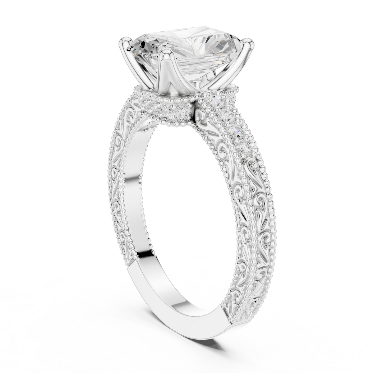 Vintage Radiant Cut Diamond Engagement Ring with Filigree Milgrain – view 2 of 12, lab grown diamond band | Jewelix Atelier