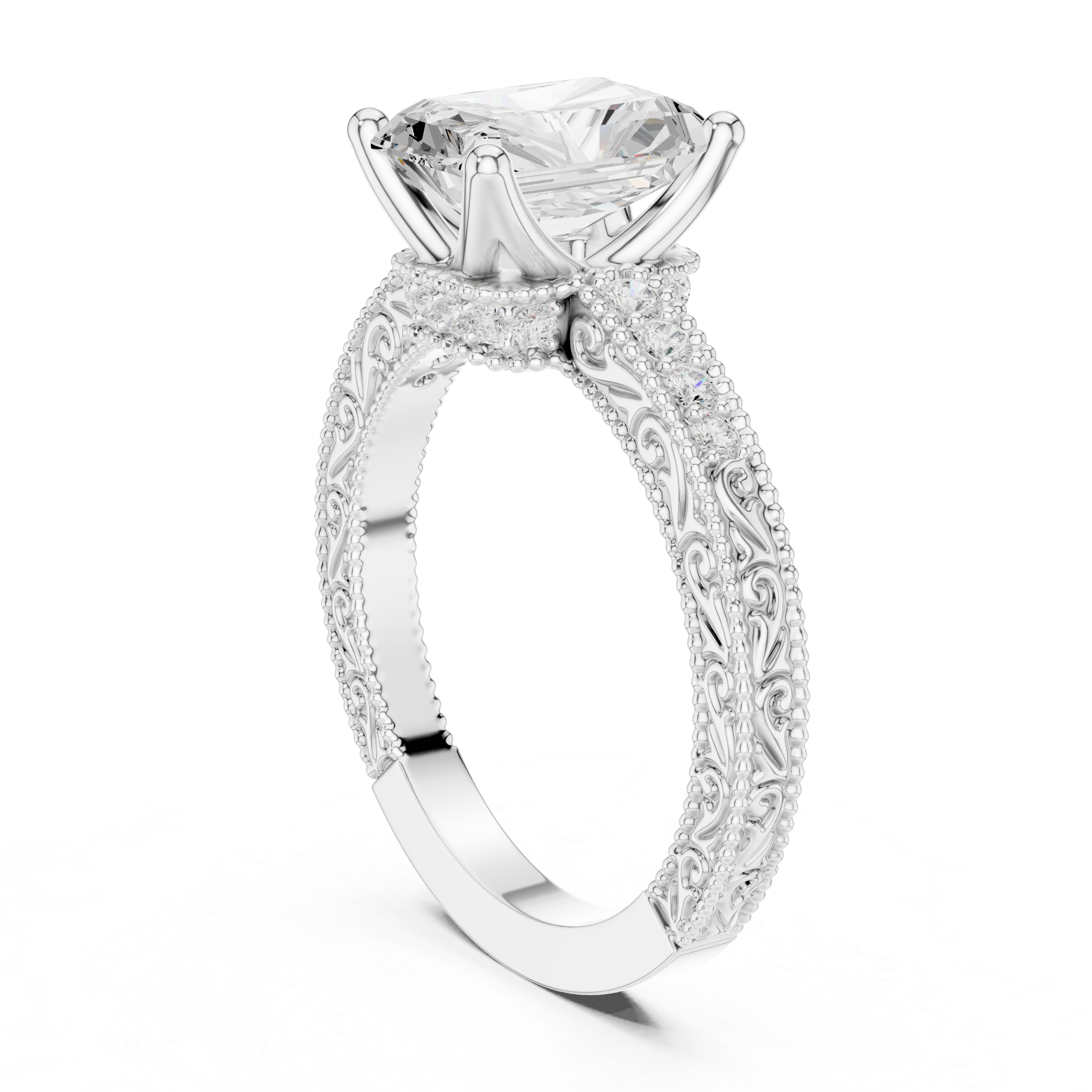 Vintage Radiant Cut Diamond Engagement Ring with Filigree Milgrain Band