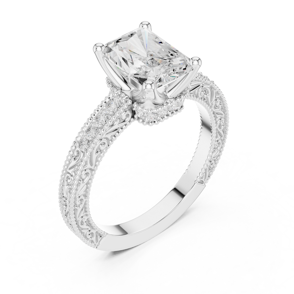 Vintage Radiant Cut Diamond Engagement Ring with Filigree Milgrain Band