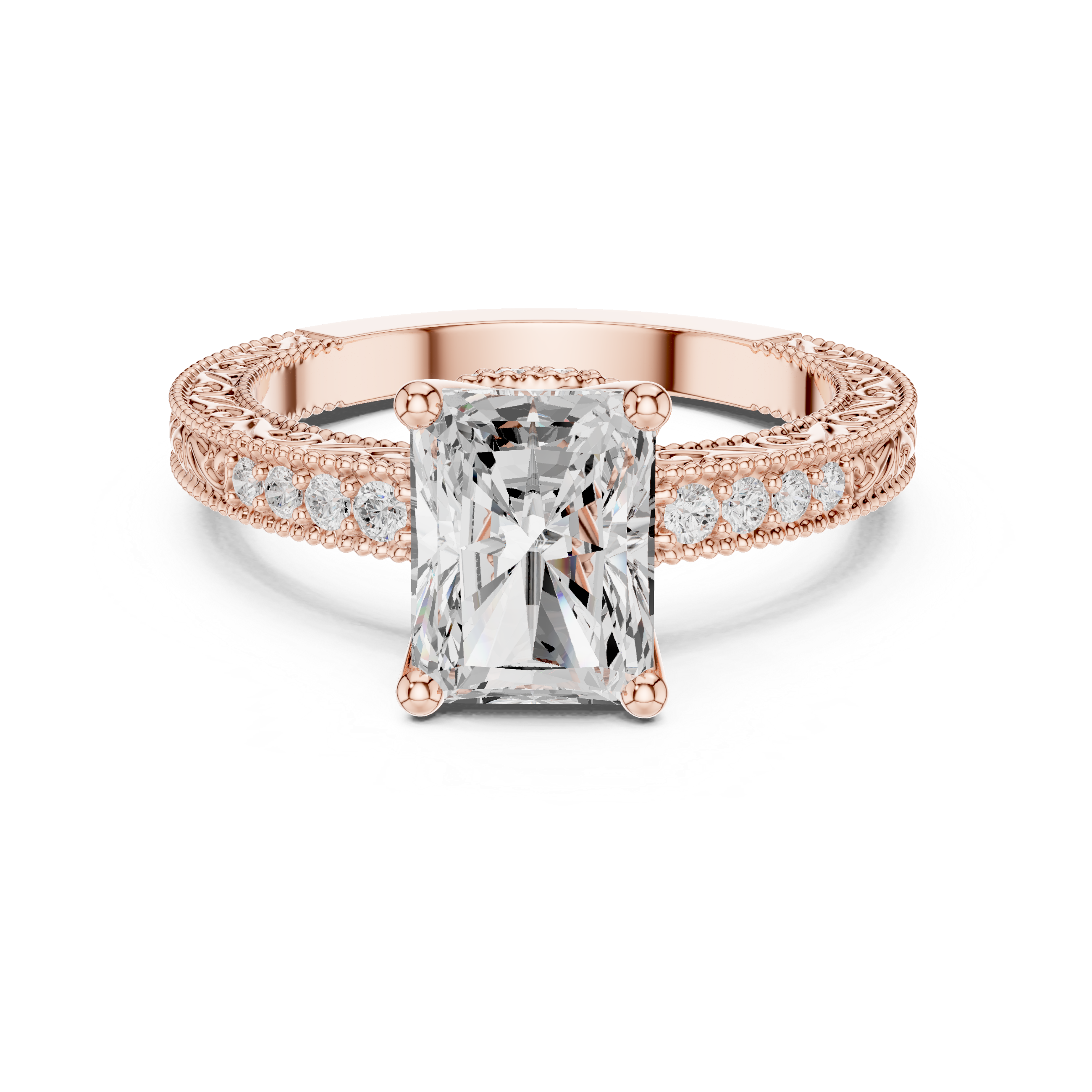 Vintage Radiant Cut Diamond Engagement Ring with Filigree Milgrain Band