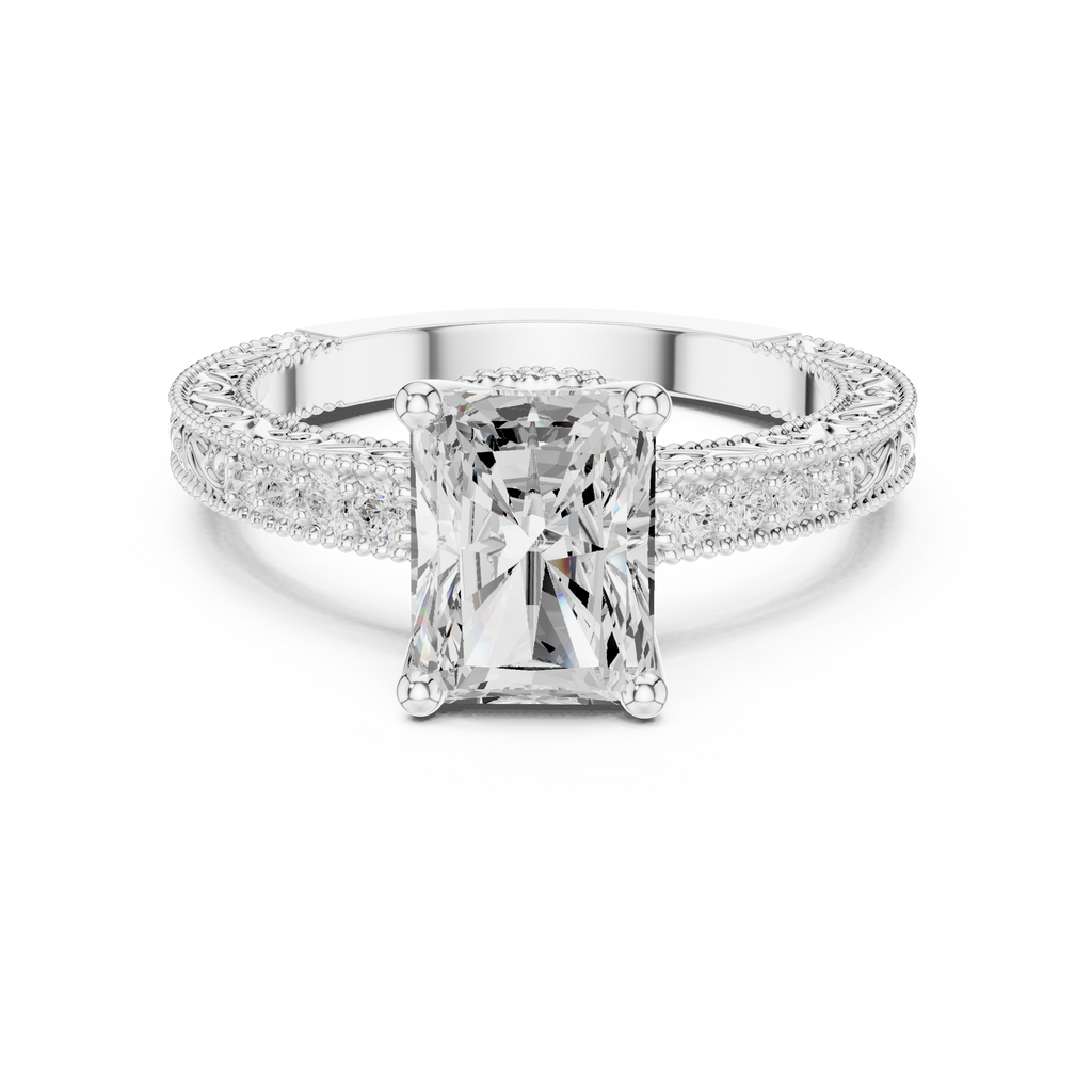 Vintage Radiant Cut Diamond Engagement Ring with Filigree Milgrain Band