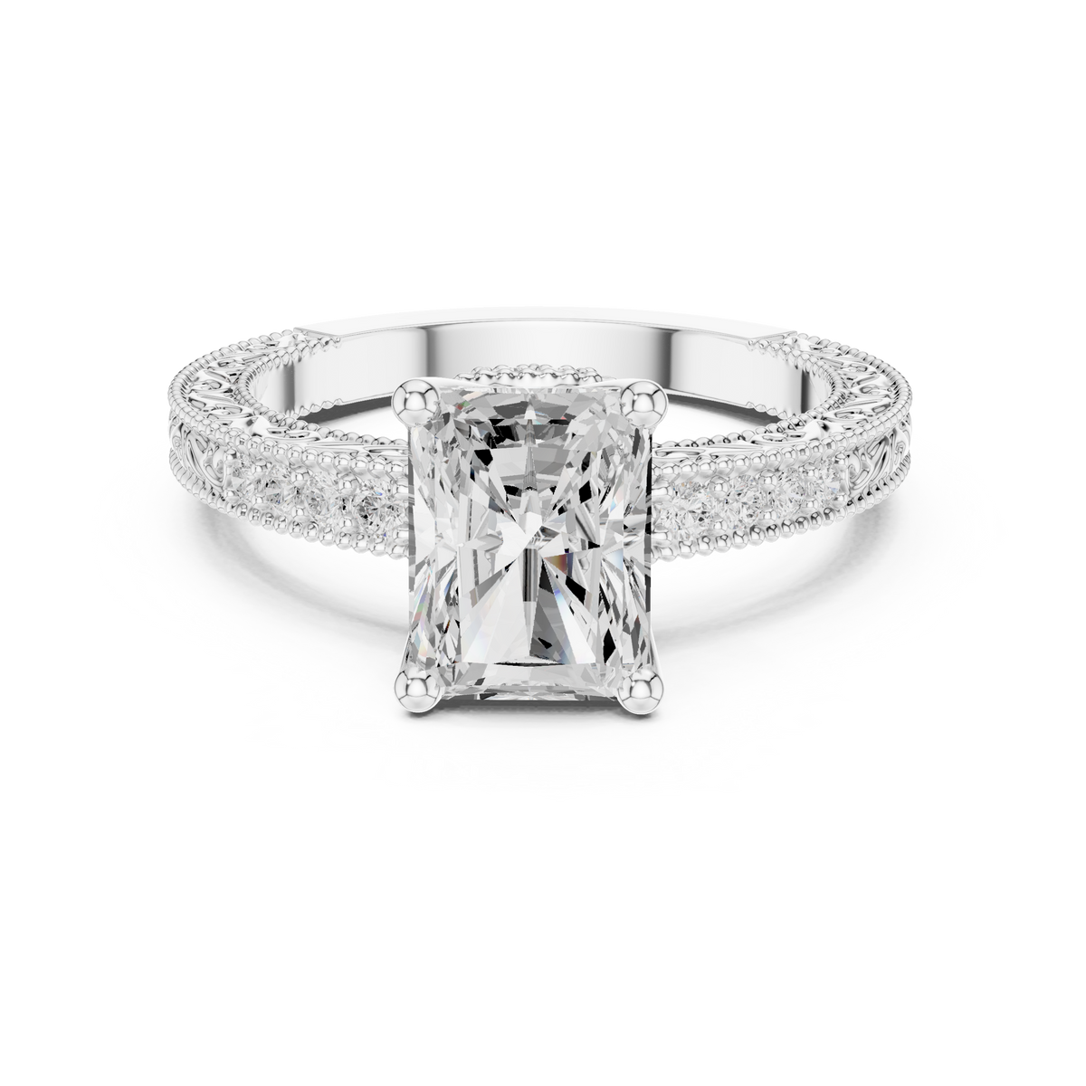 Vintage Radiant Cut Diamond Engagement Ring with Filigree Milgrain Band — Jewelix Atelier