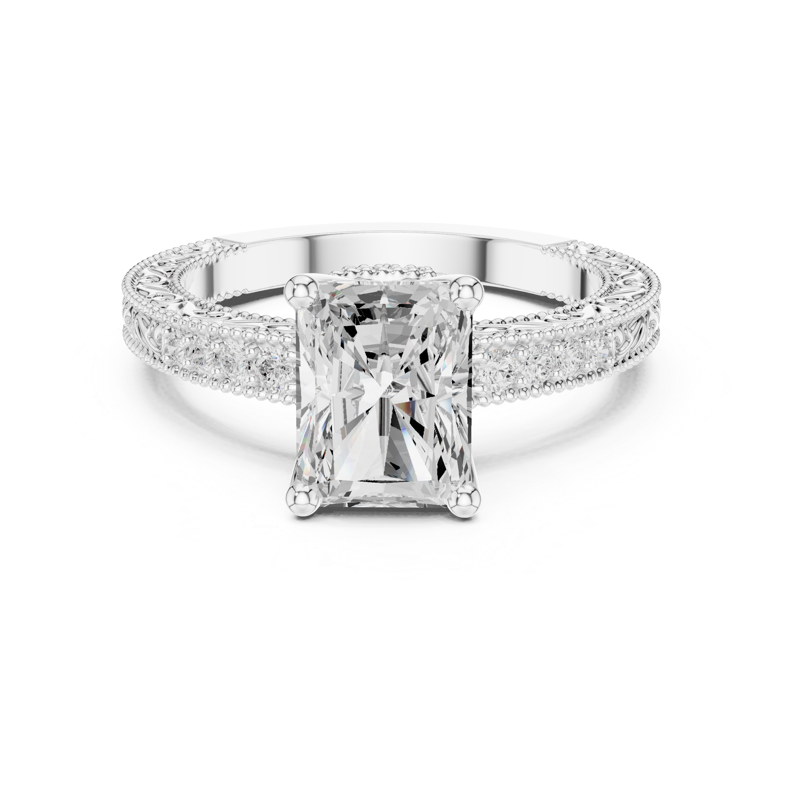 Vintage Radiant Cut Diamond Engagement Ring with Filigree Milgrain Band