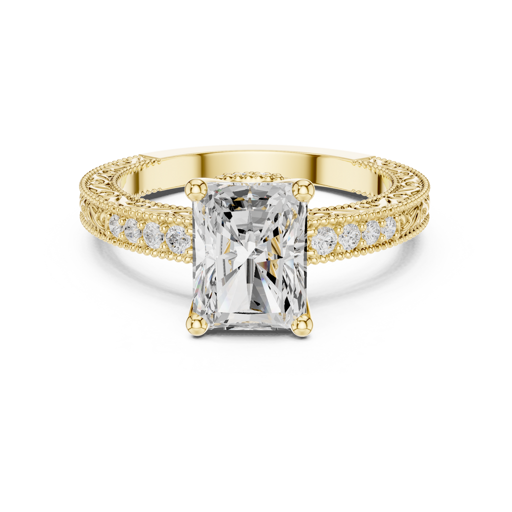 Vintage Radiant Cut Diamond Engagement Ring with Filigree Milgrain Band