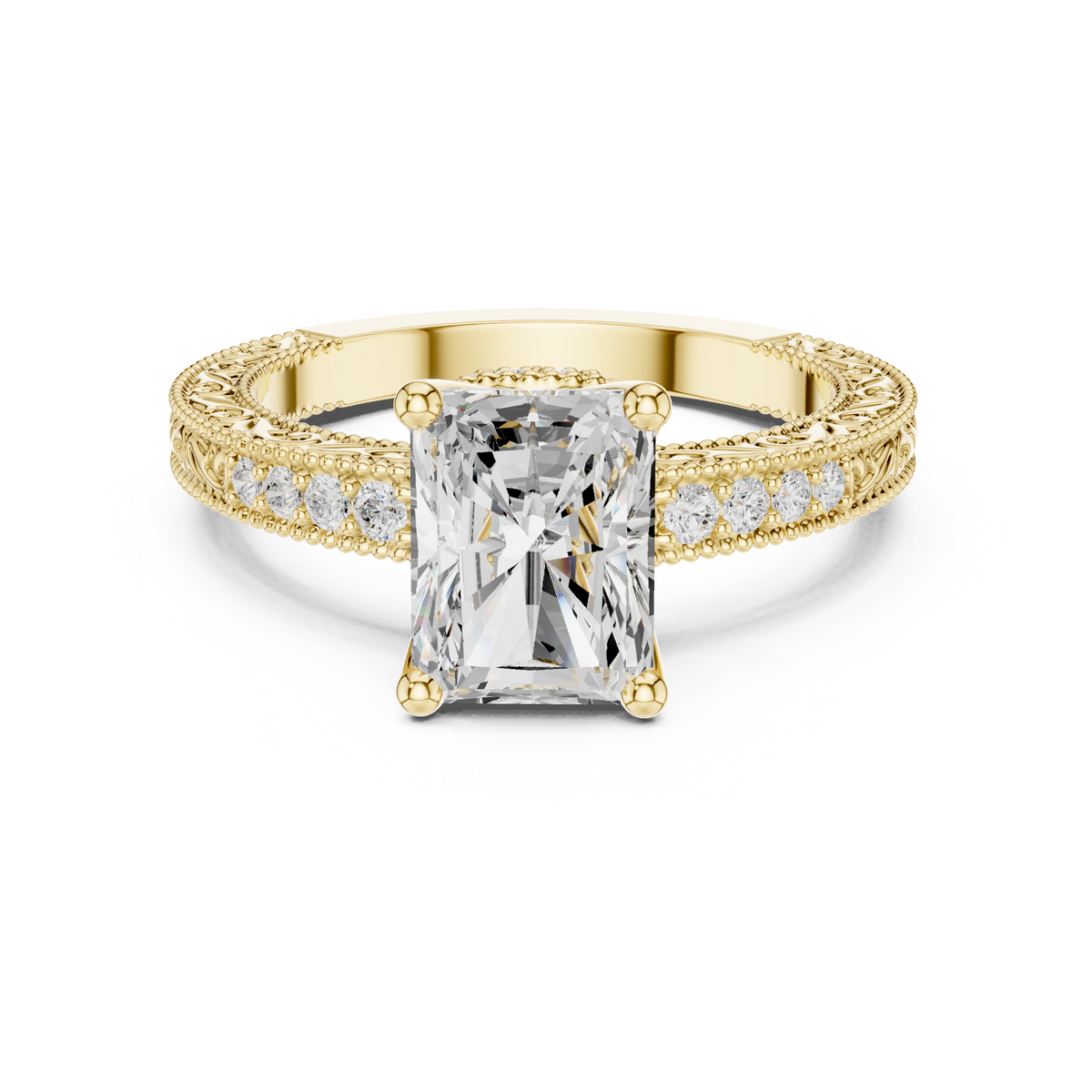 Vintage Radiant Cut Diamond Engagement Ring with Filigree Milgrain – view 9 of 12, lab grown diamond band | Jewelix Atelier