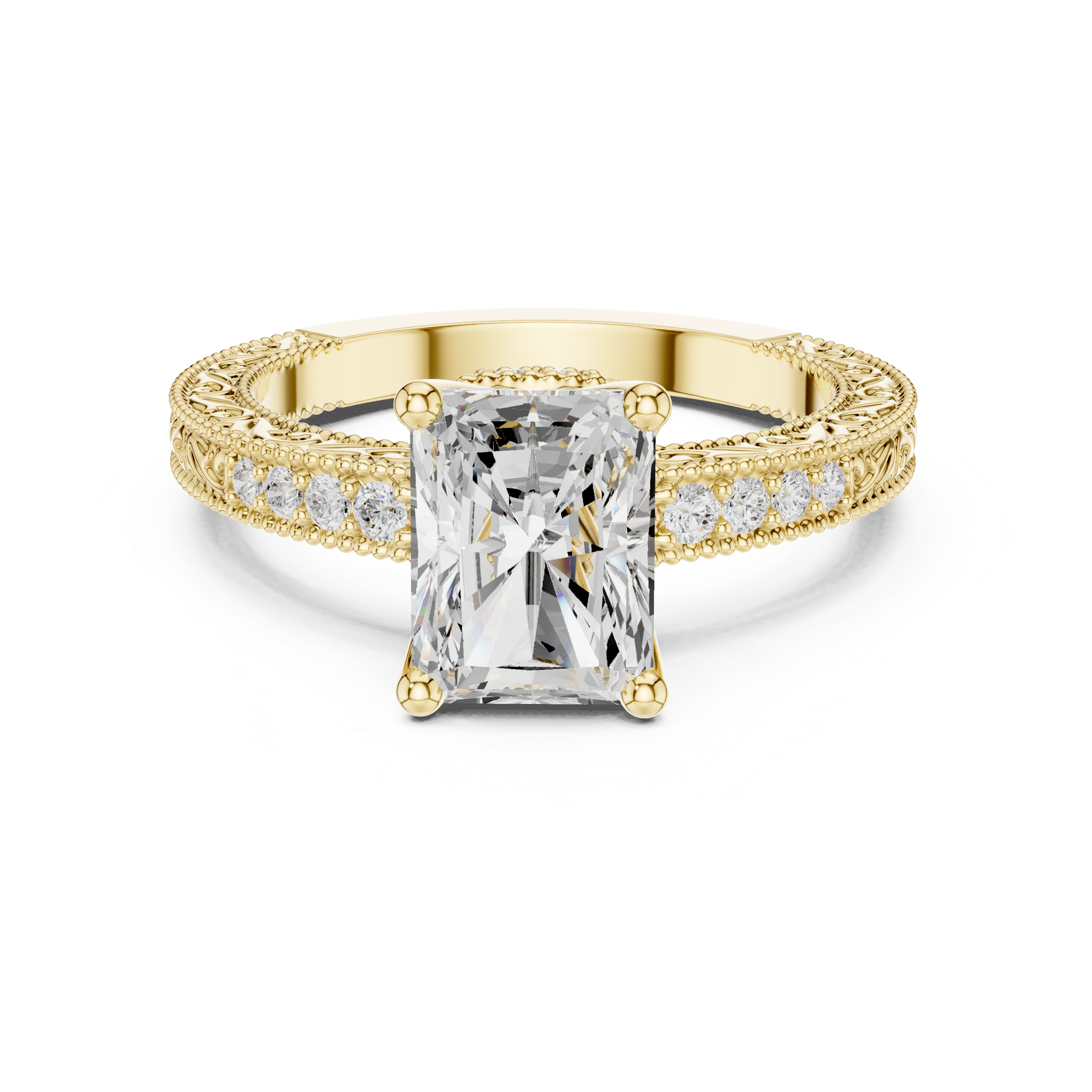 Vintage Radiant Cut Diamond Engagement Ring with Filigree Milgrain Band