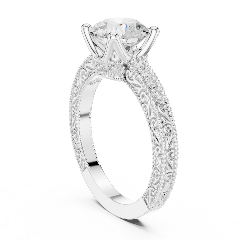Vintage Round Cut Diamond Engagement Ring with Filigree Milgrain Band
