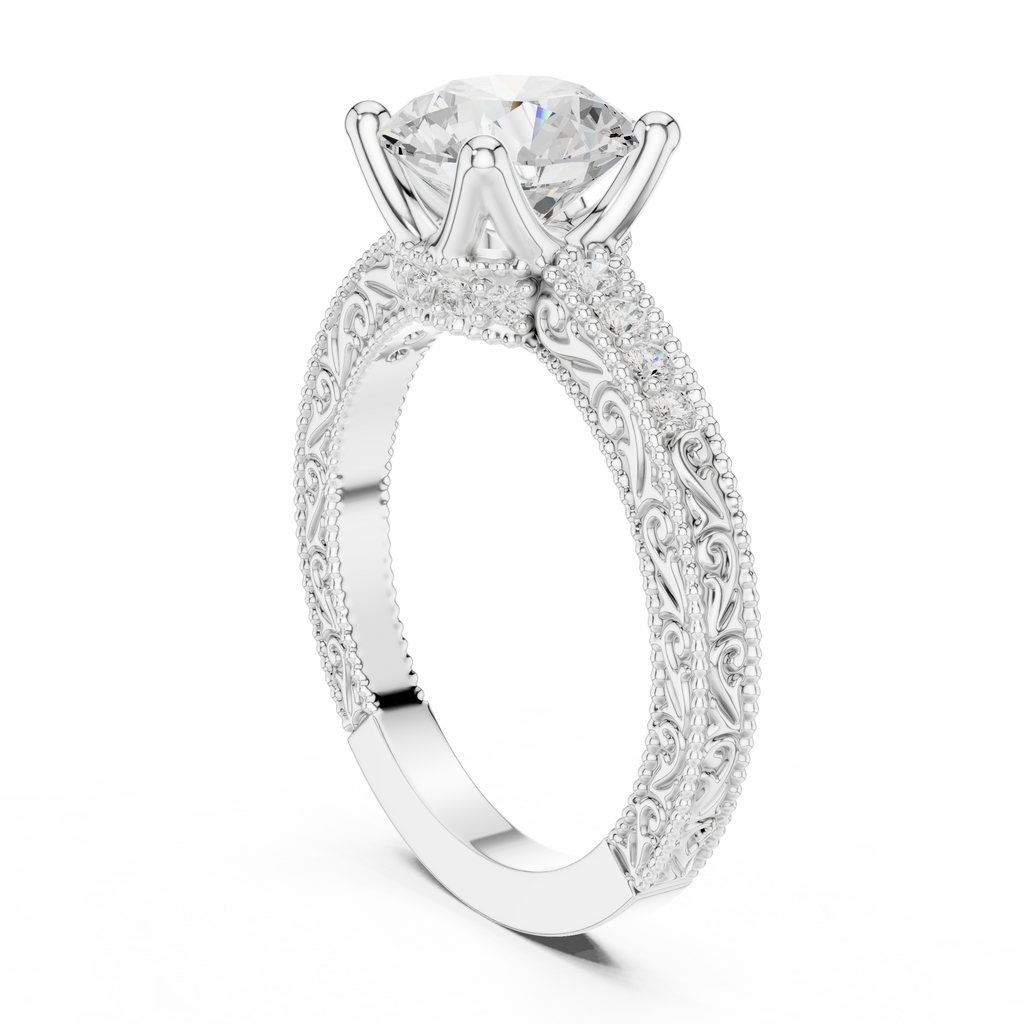 Vintage Round Cut Diamond Engagement Ring with Filigree Milgrain Band
