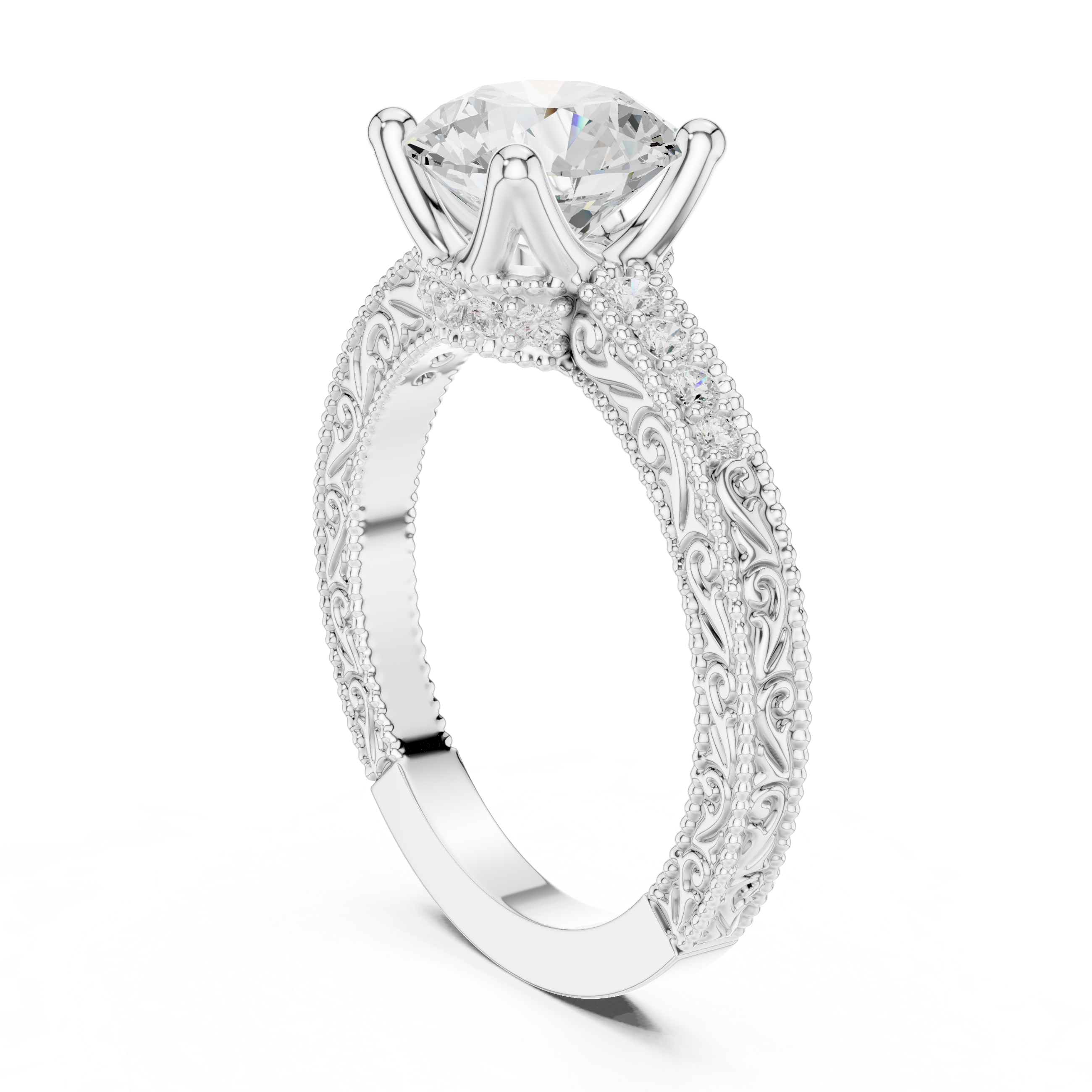Vintage Round Cut Diamond Engagement Ring with Filigree Milgrain Band