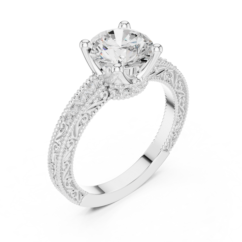Vintage Round Cut Diamond Engagement Ring with Filigree Milgrain Band