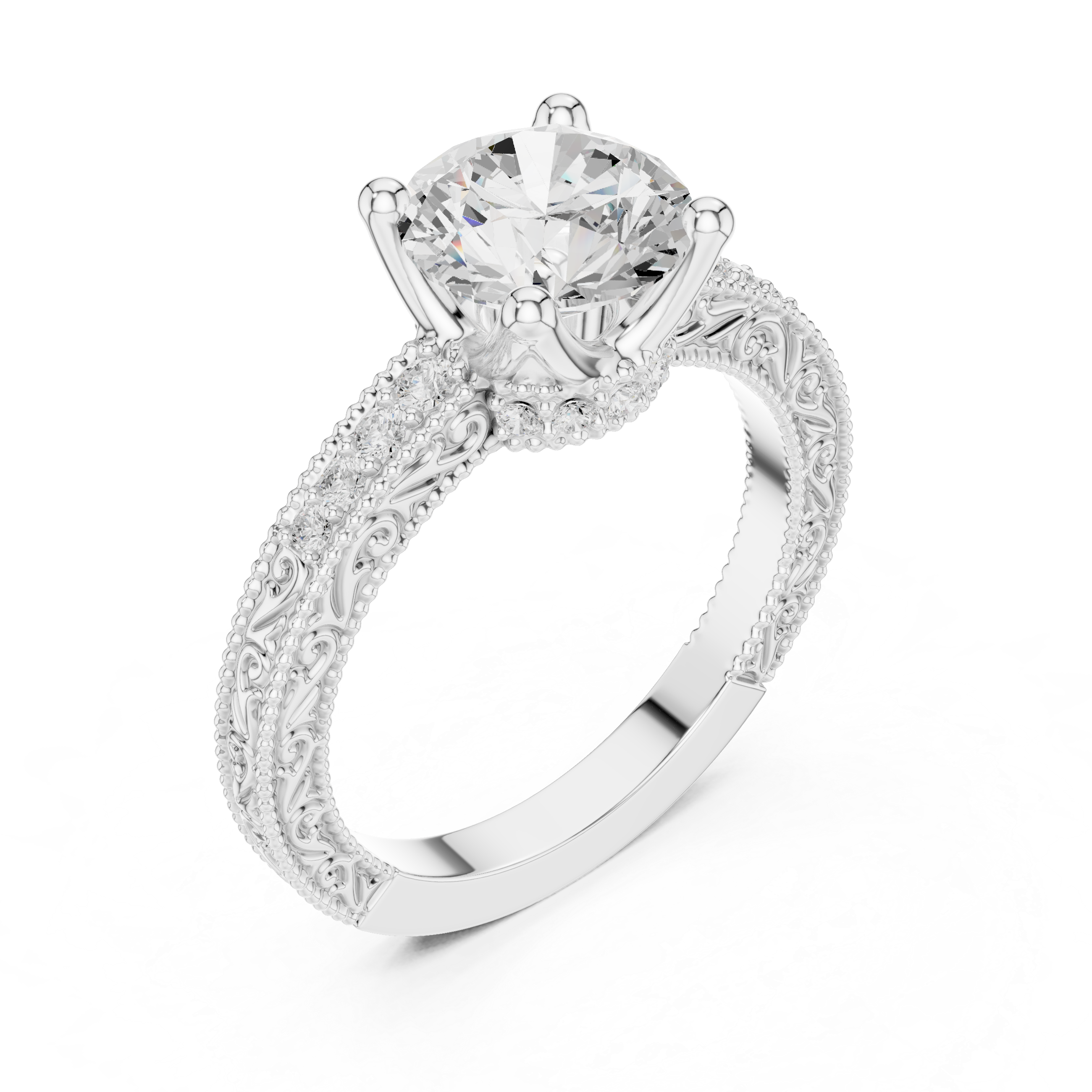 Vintage Round Cut Diamond Engagement Ring with Filigree Milgrain Band