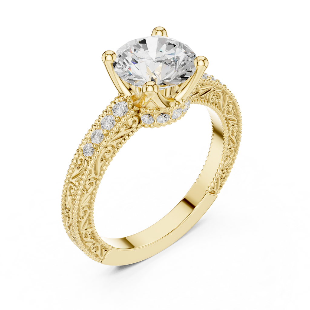 Vintage Round Cut Diamond Engagement Ring with Filigree Milgrain Band