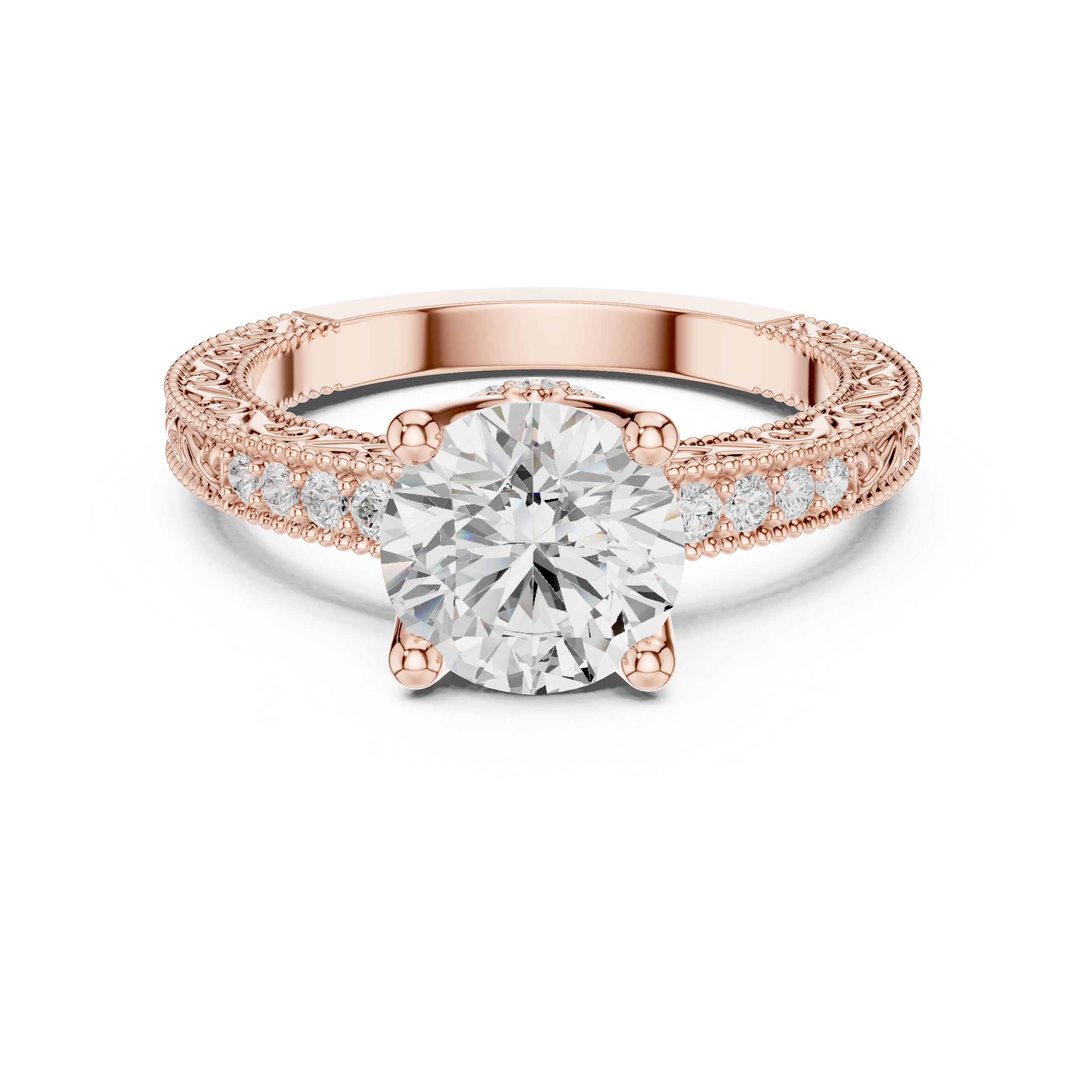 Vintage Round Cut Diamond Engagement Ring with Filigree Milgrain Band