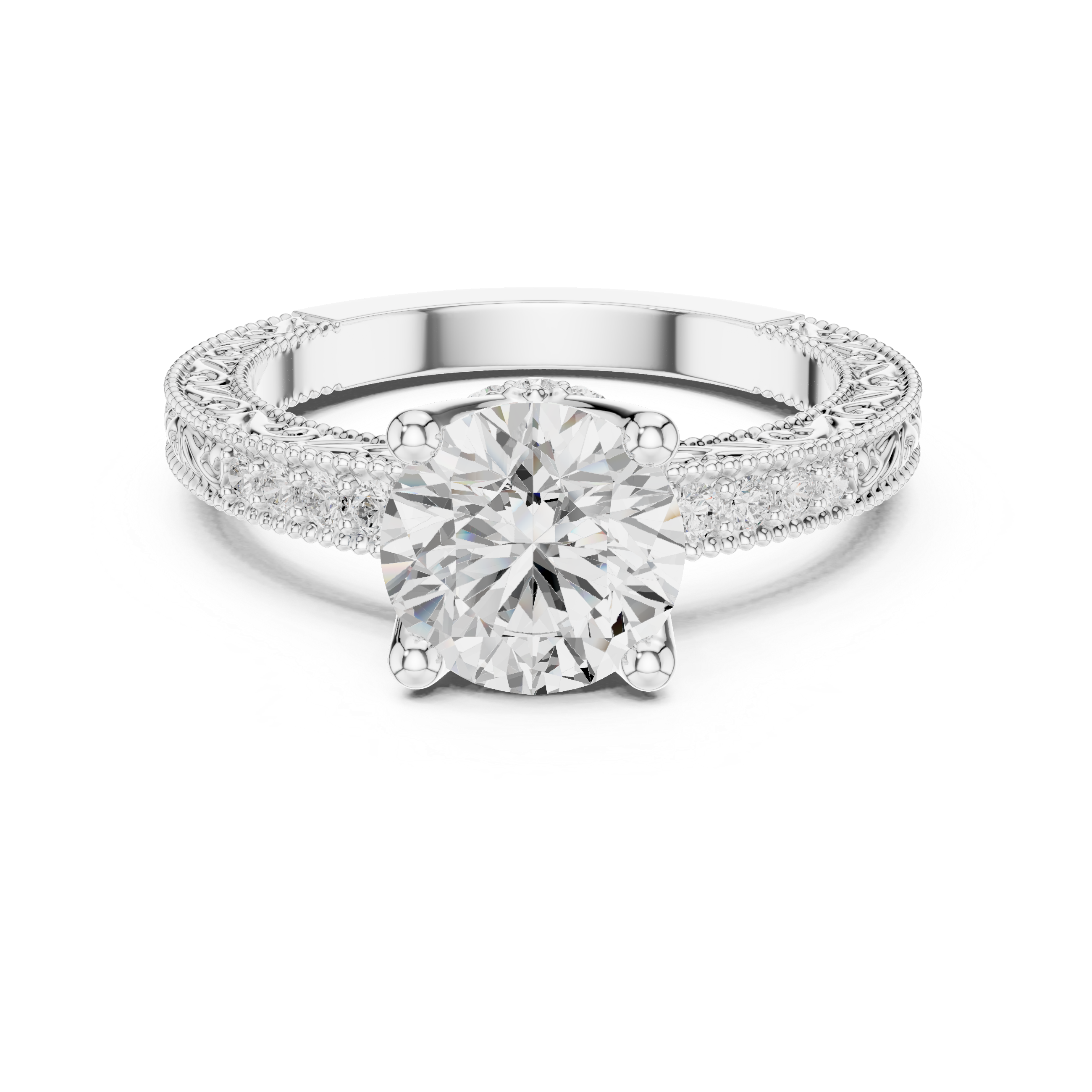 Vintage Round Cut Diamond Engagement Ring with Filigree Milgrain Band