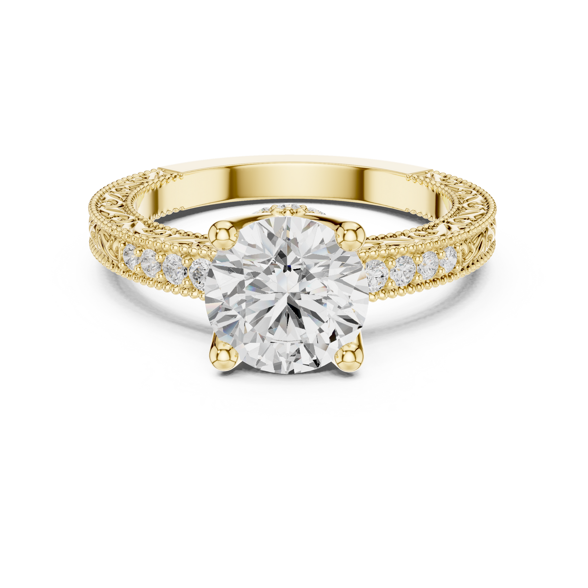 Vintage Round Cut Diamond Engagement Ring with Filigree Milgrain – view 9 of 12, lab grown diamond band | Jewelix Atelier