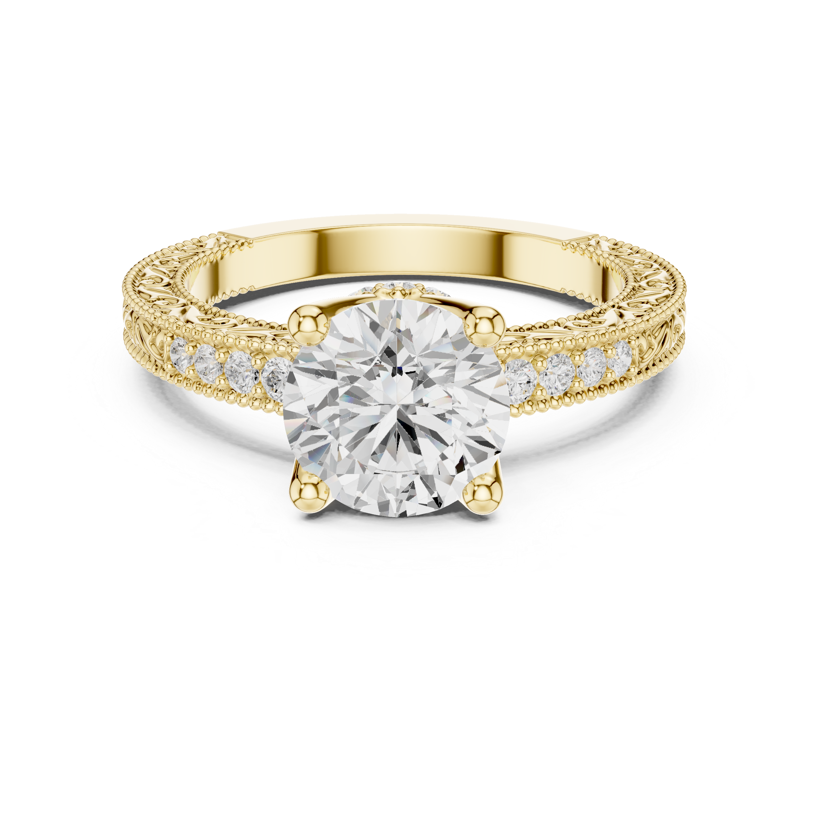 Vintage Round Cut Diamond Engagement Ring with Filigree Milgrain Band
