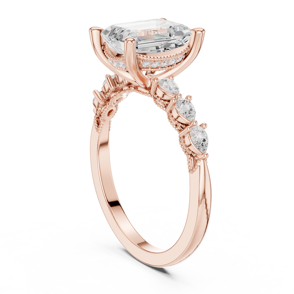 Emerald Cut Diamond Three Stone Engagement Ring with Pear Side Stones