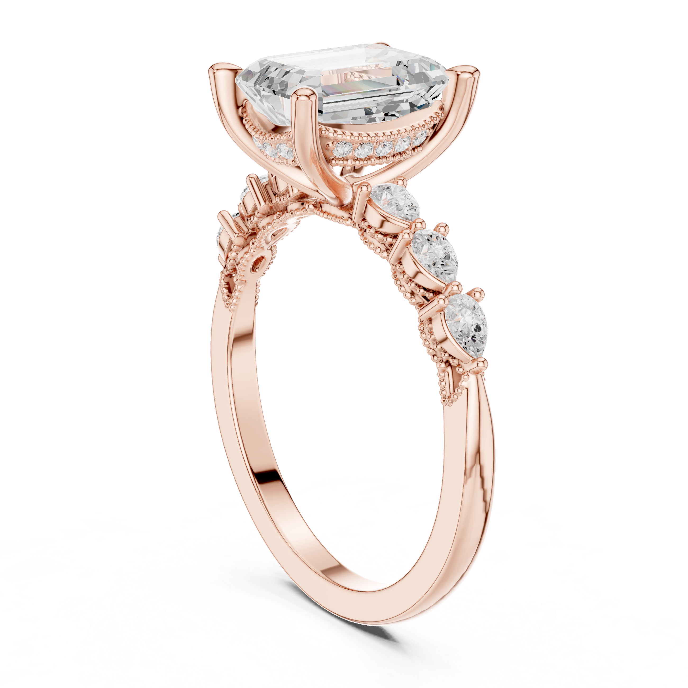 Emerald Cut Diamond Three Stone Engagement Ring with Pear Side Stones