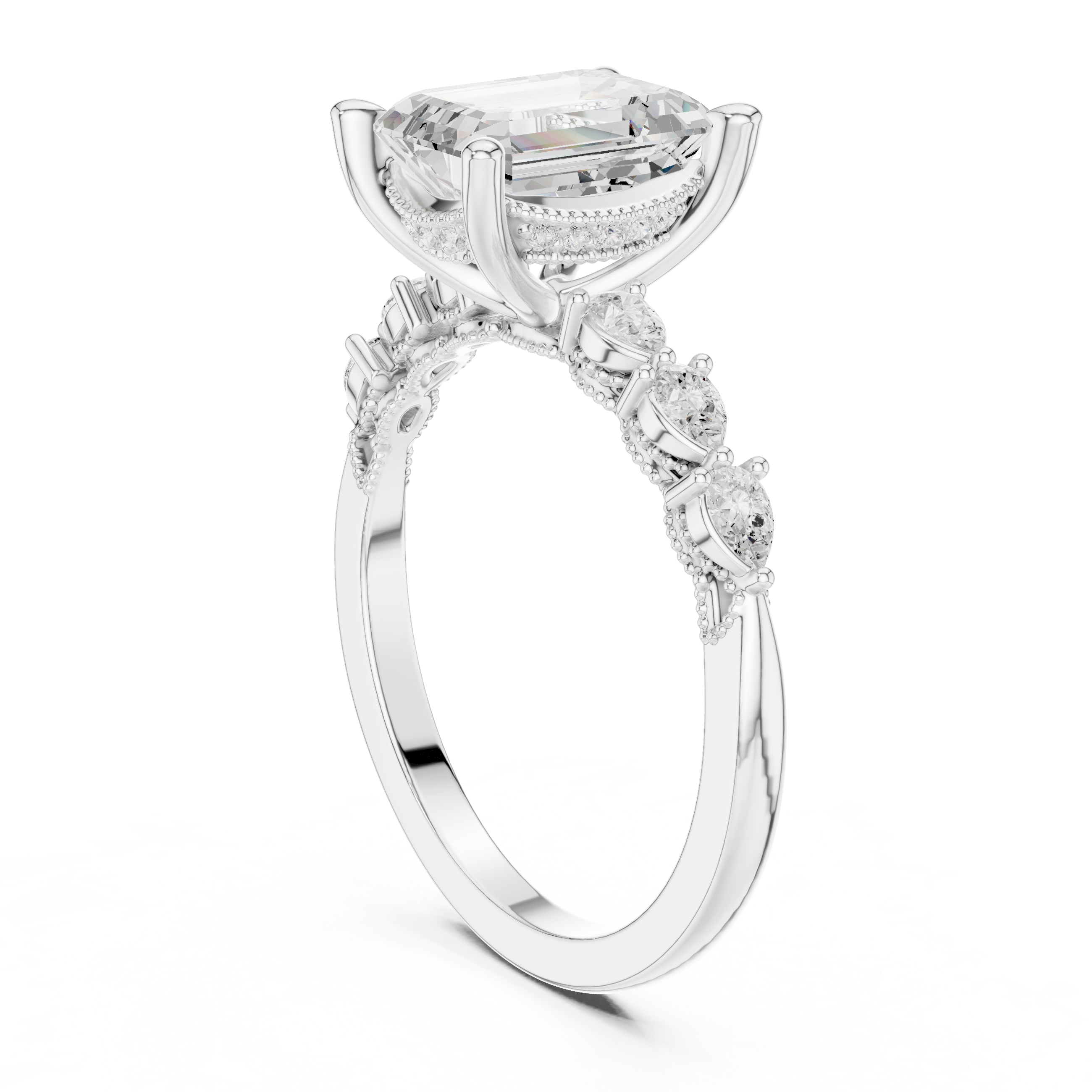 Emerald Cut Diamond Three Stone Engagement Ring with Pear Side Stones