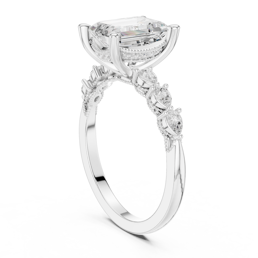 2.33 CT Emerald Cut Diamond Three-Stone Engagement Ring with Pear Side Stones