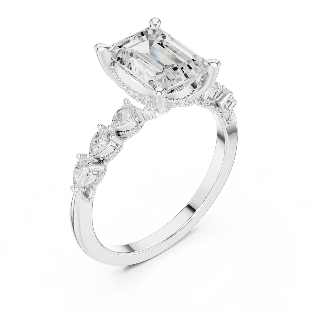 Emerald Cut Diamond Three Stone Engagement Ring with Pear Side Stones