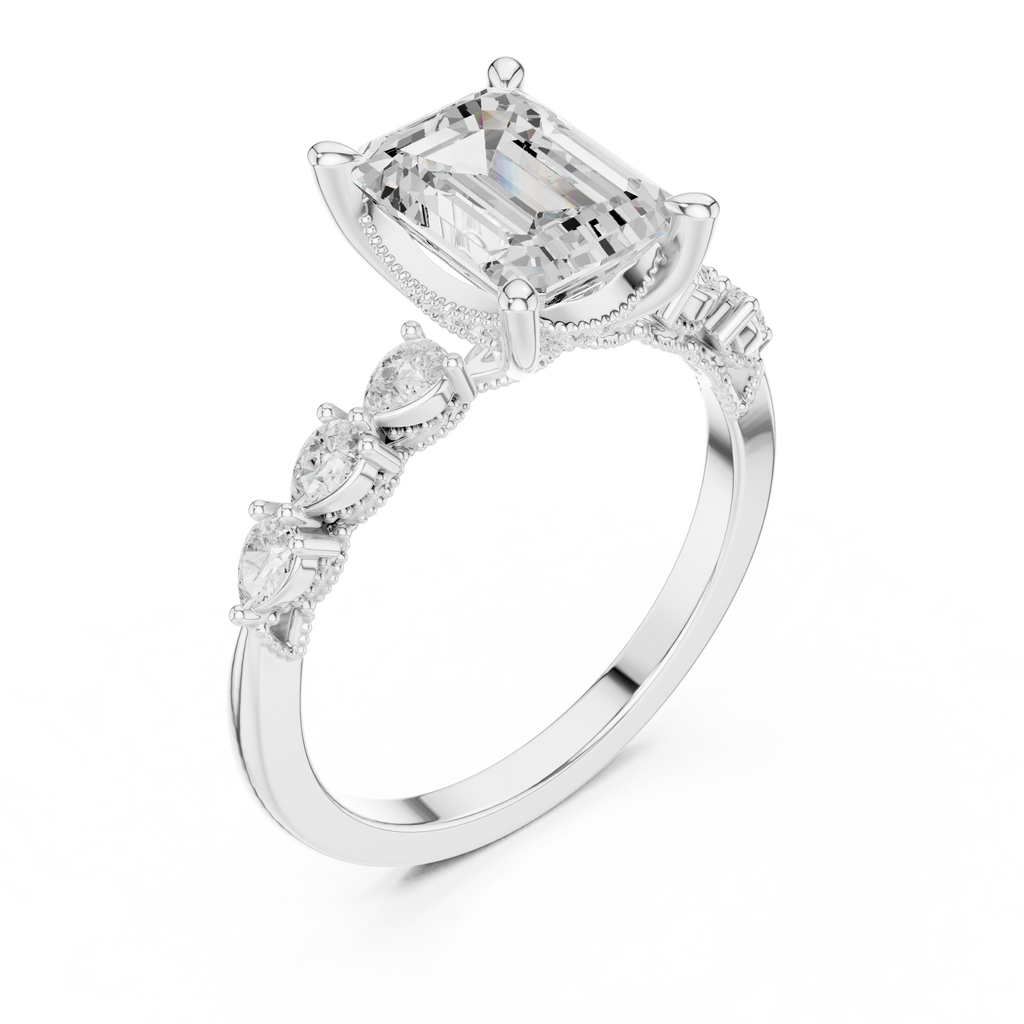 Emerald Cut Diamond Three Stone Engagement Ring with Pear Side Stones