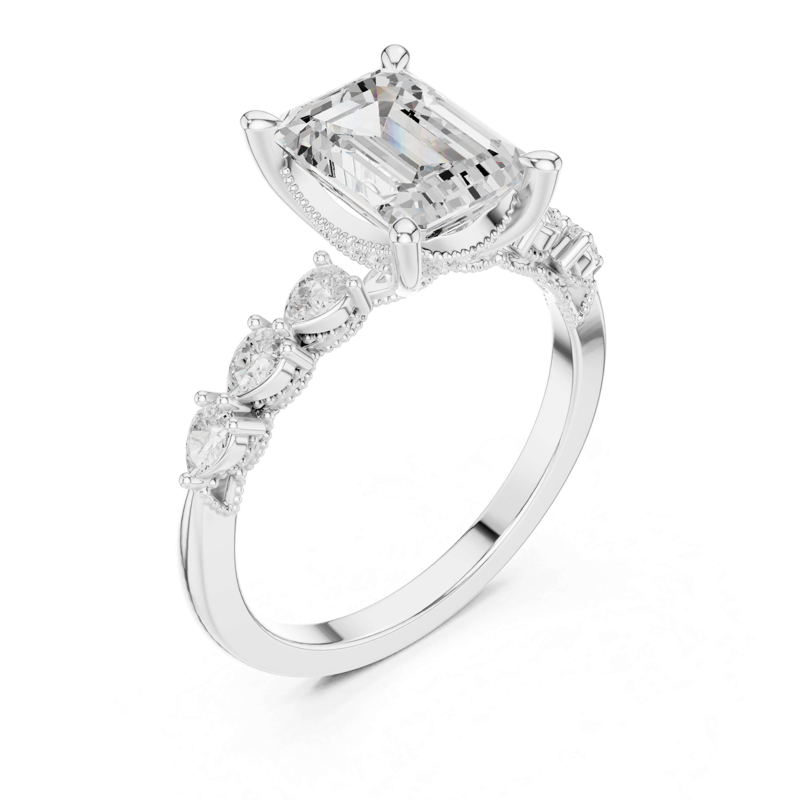 Emerald Cut Diamond Three Stone Engagement Ring with Pear Side Stones