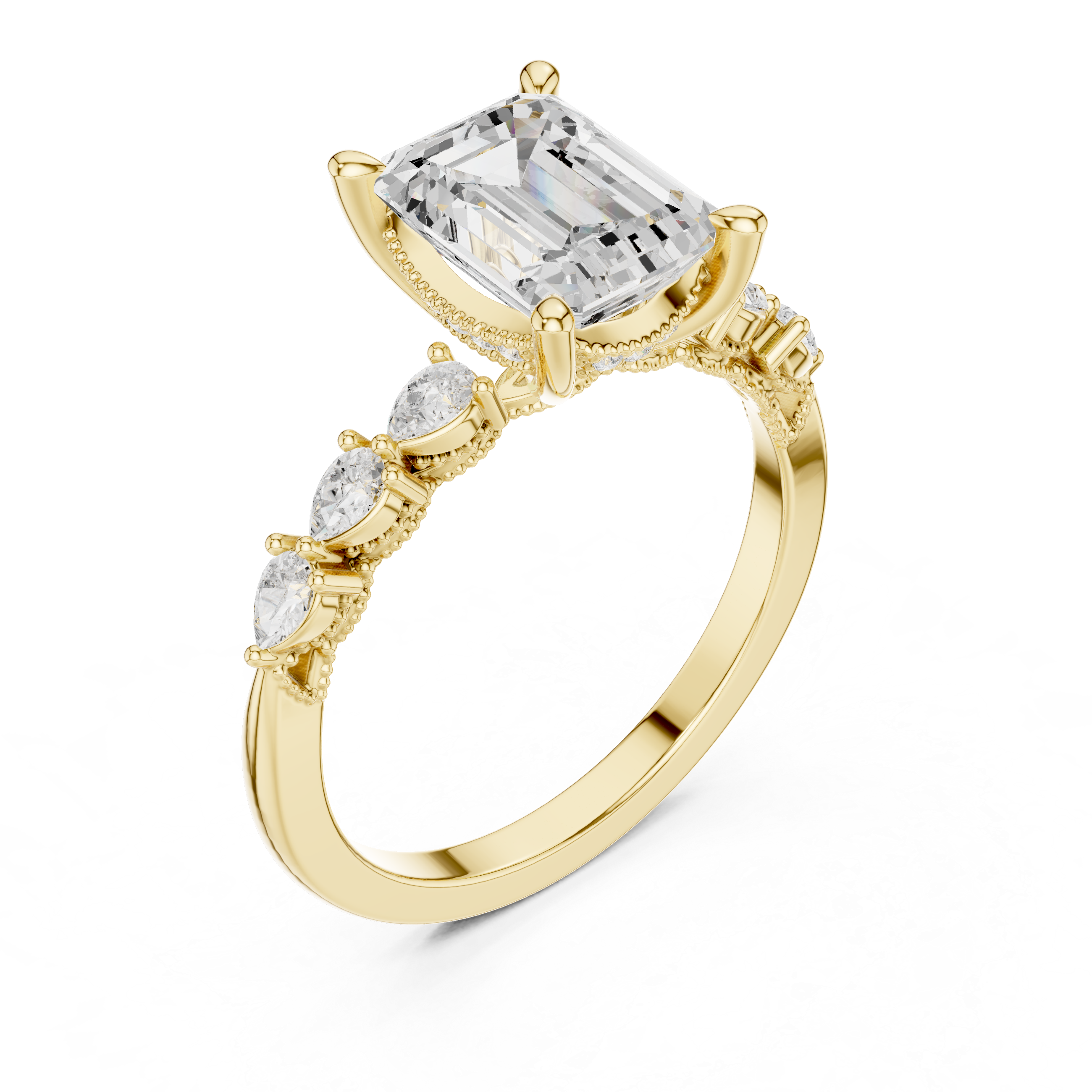 Emerald Cut Diamond Three Stone Engagement Ring with Pear Side Stones