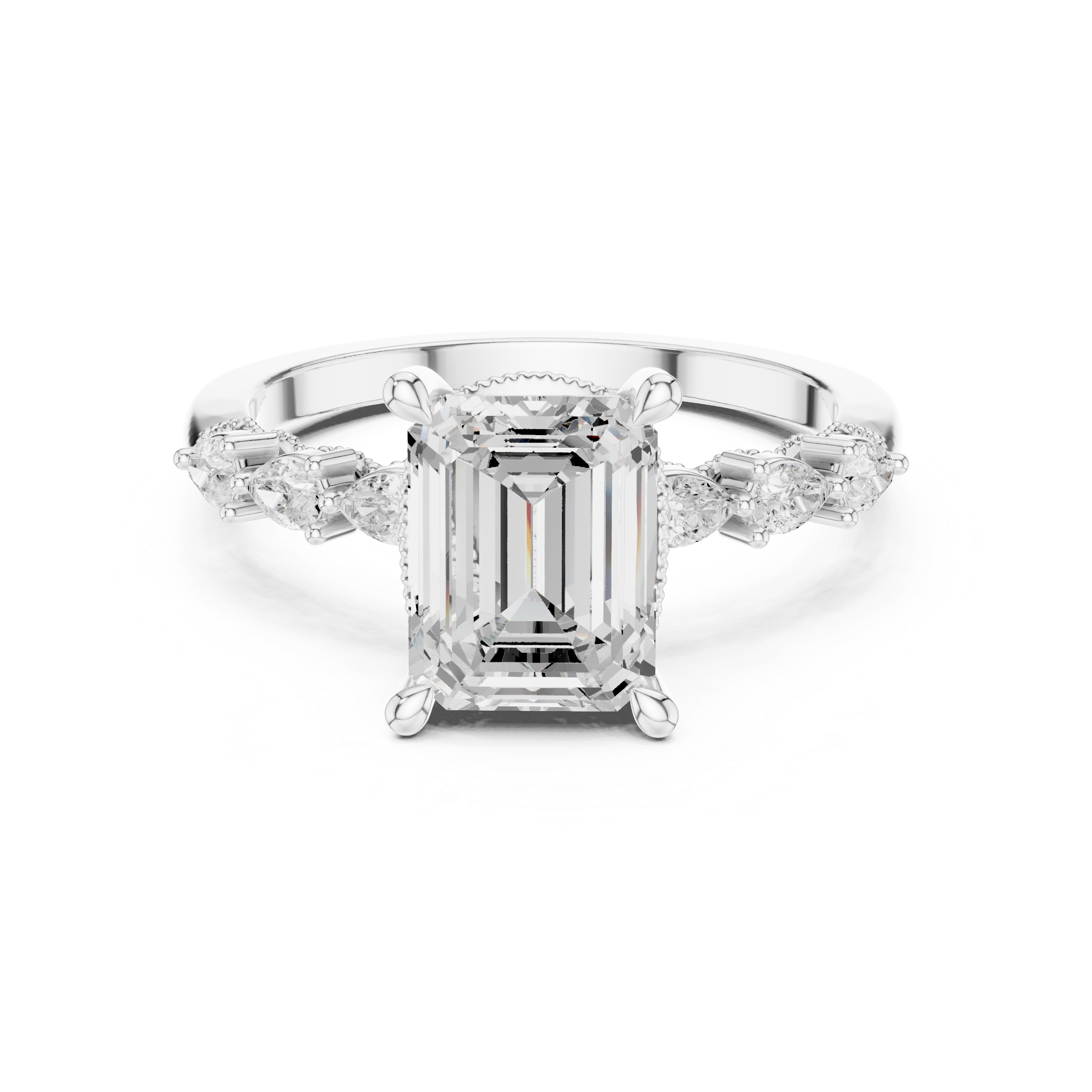 Emerald Cut Diamond Three Stone Engagement Ring with Pear Side Stones