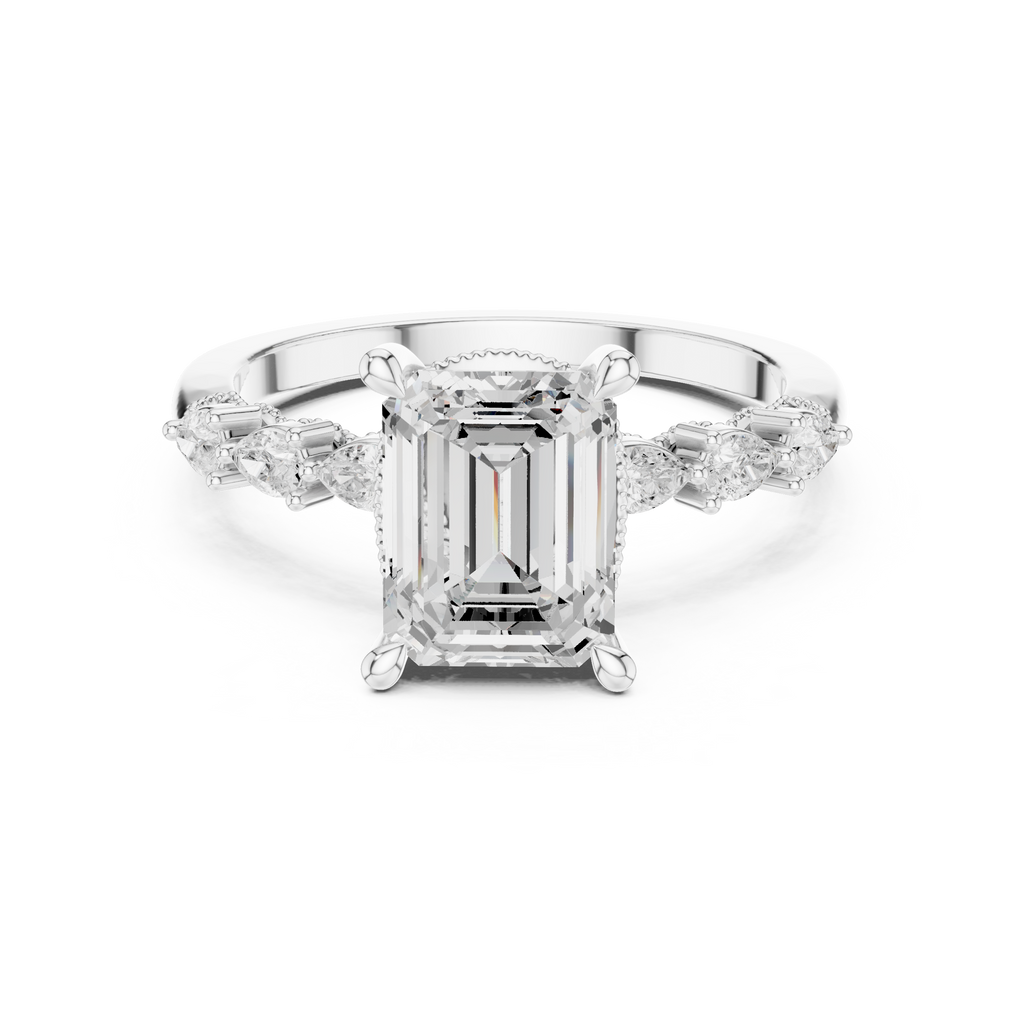 2.33 CT Emerald Cut Diamond Three-Stone Engagement Ring with Pear Side Stones
