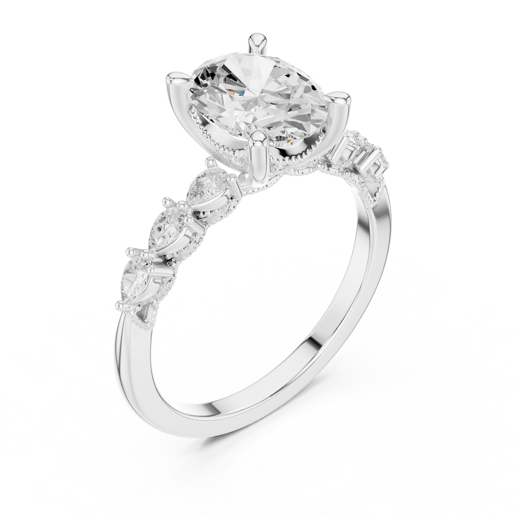 2.32 CT Oval Cut Diamond Three-Stone Engagement Ring with Pear Side Stones