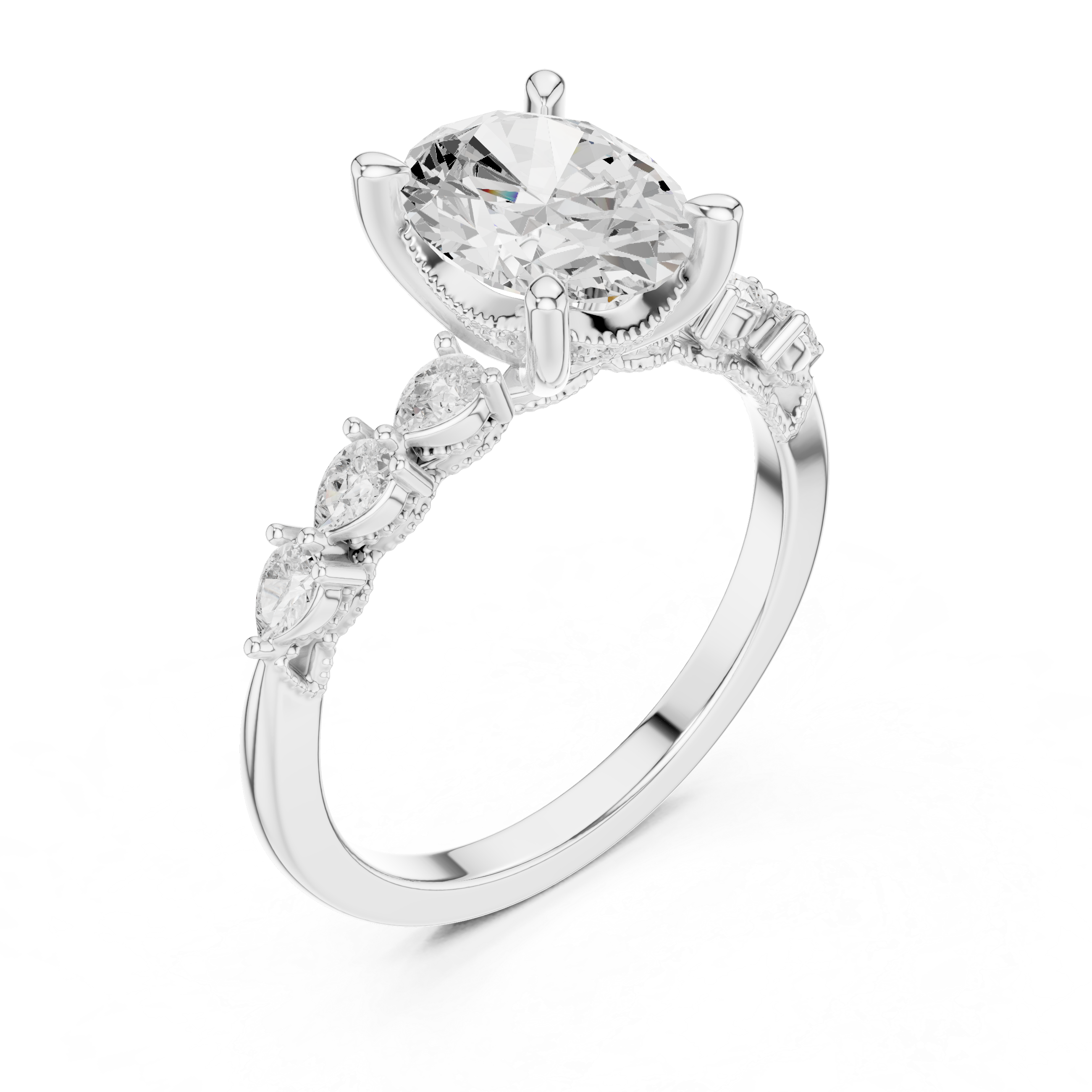 2.32 CT Oval Cut Diamond Three-Stone Engagement Ring with Pear Side Stones