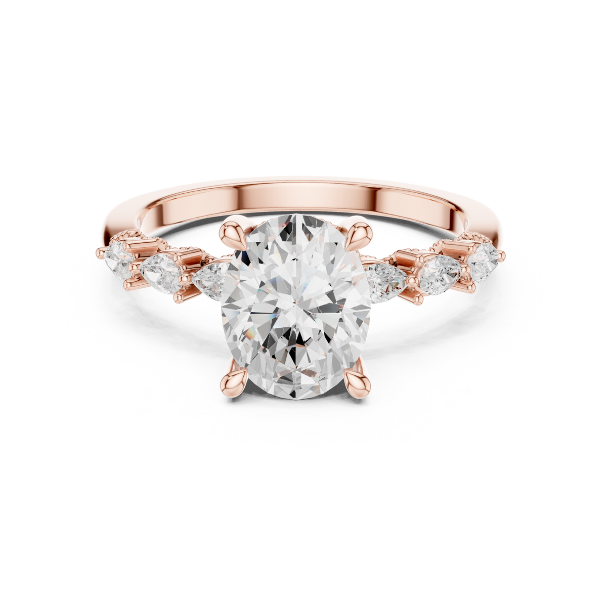Oval Cut Diamond Three-Stone Engagement Ring with Pear Side Stones – view 5 of 12, lab grown diamond ring | Jewelix Atelier
