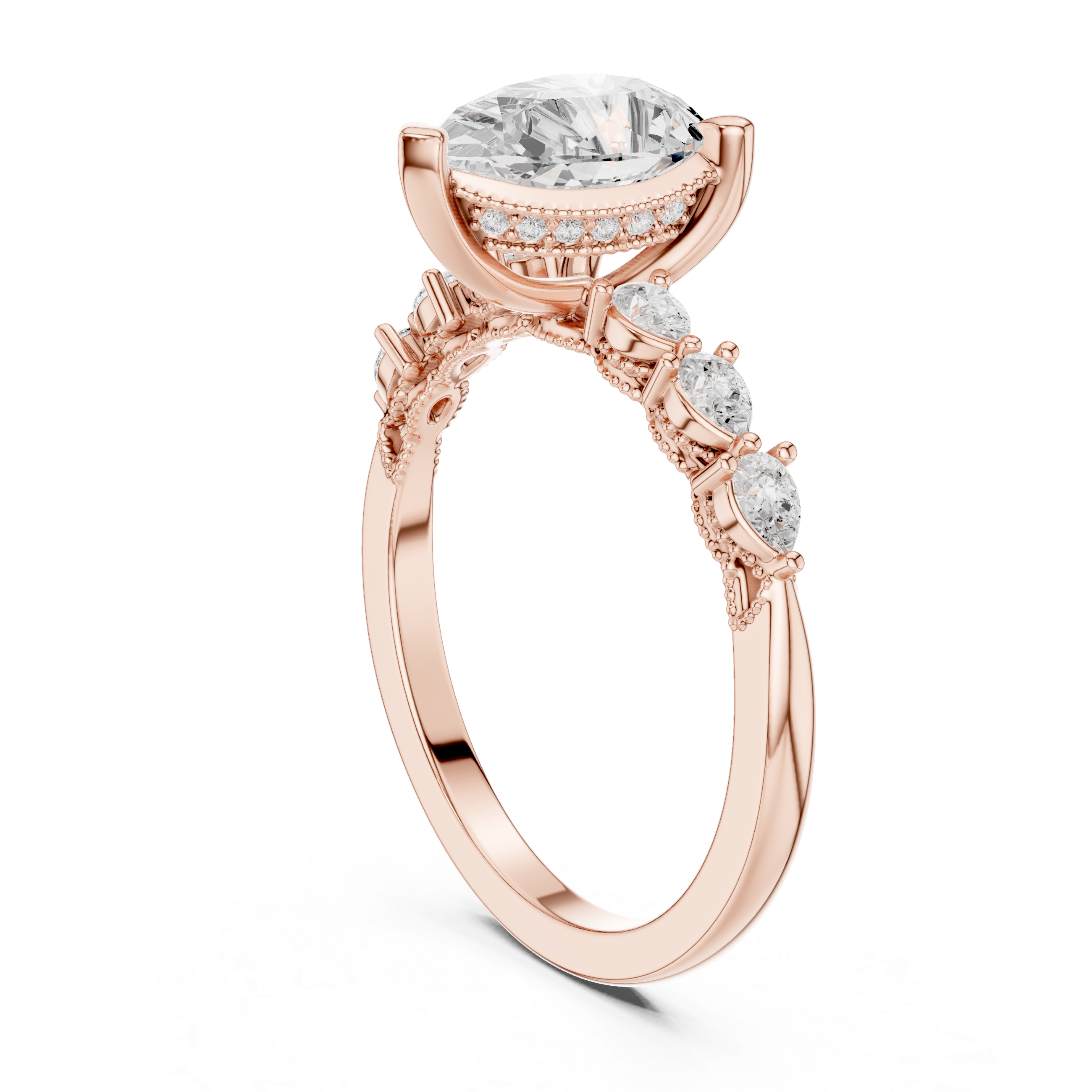 Pear Cut Diamond Three-Stone Engagement Ring with Pear Side Accents