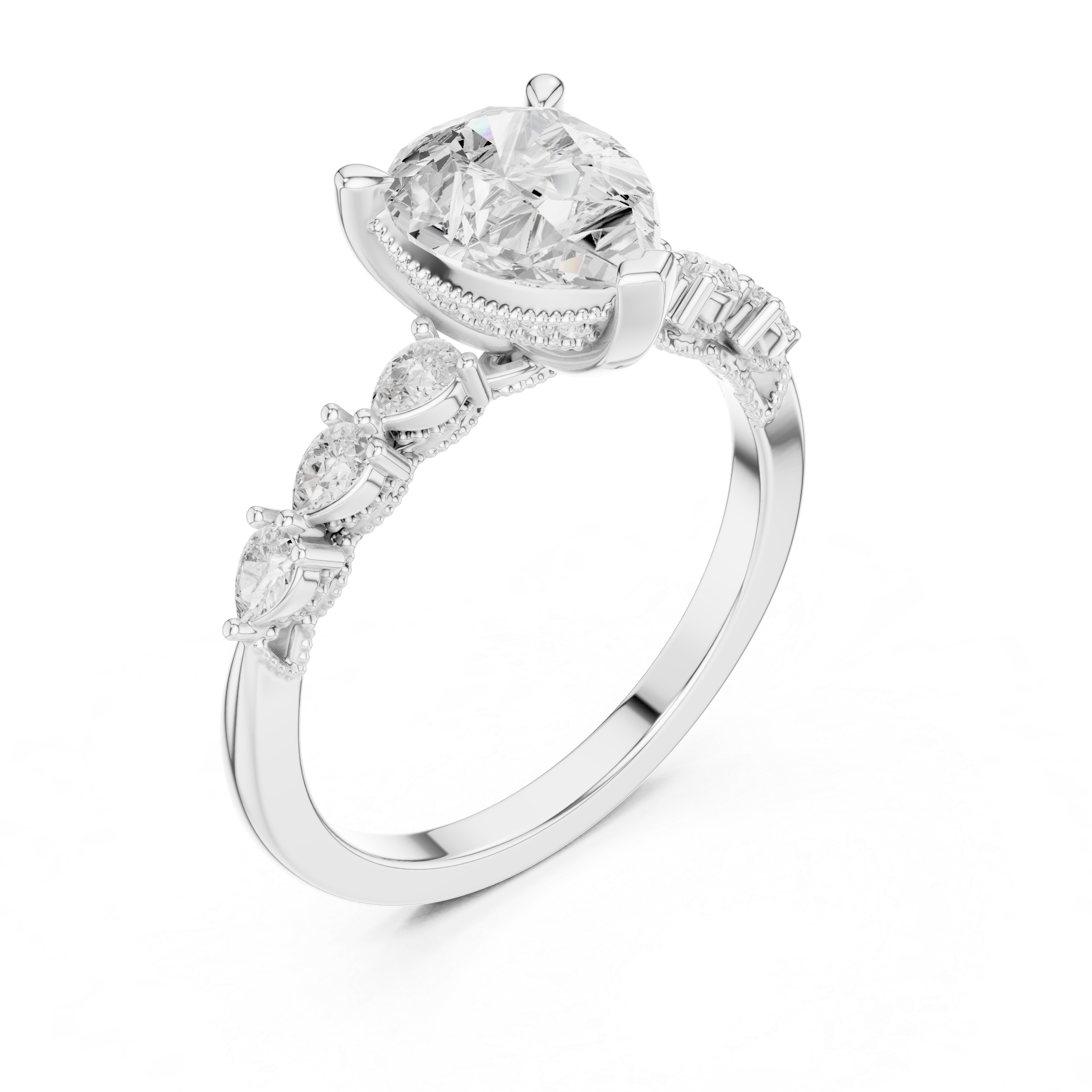 Pear Cut Diamond Three-Stone Engagement Ring with Pear Side Accents
