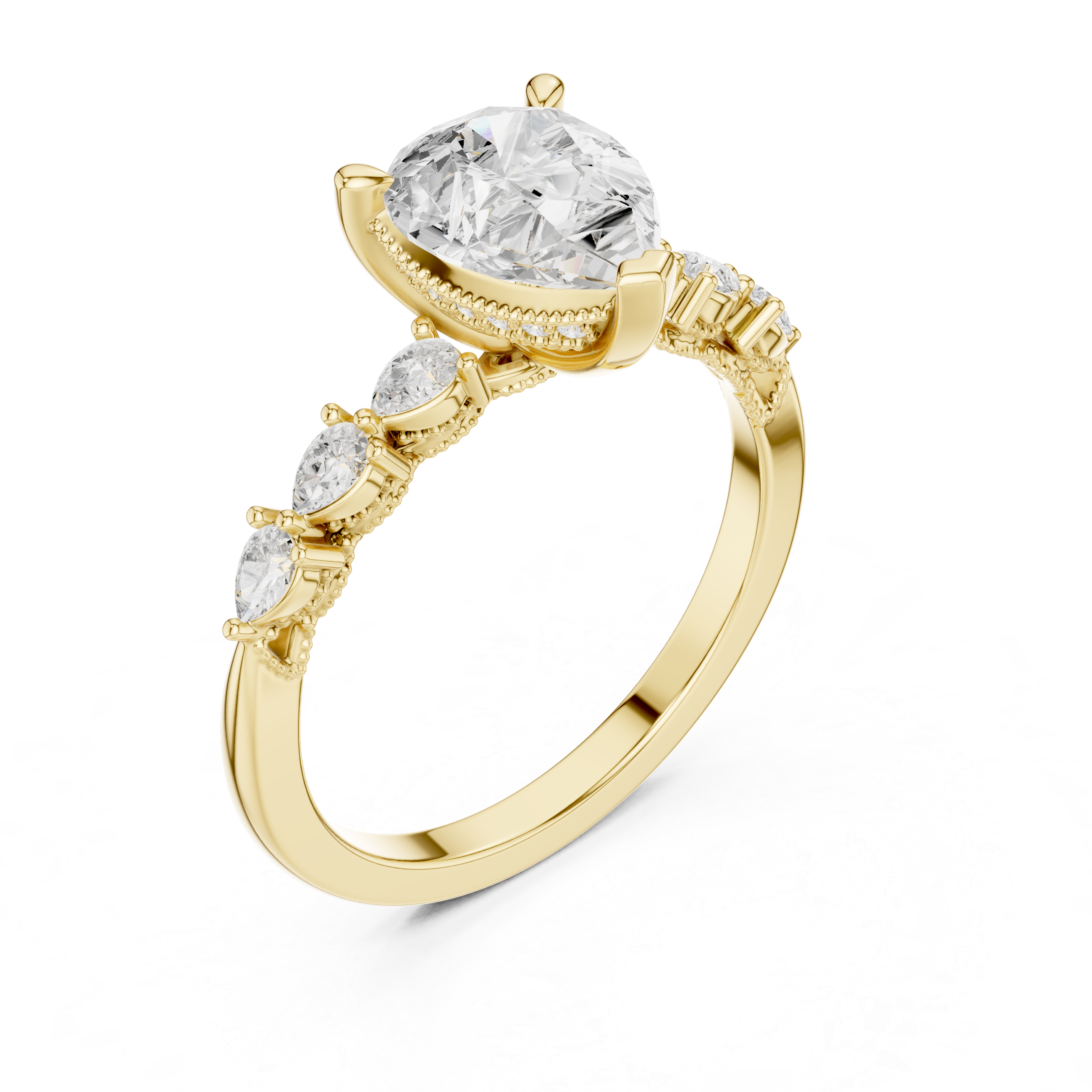 Pear Cut Diamond Three-Stone Engagement Ring with Pear Side Accents