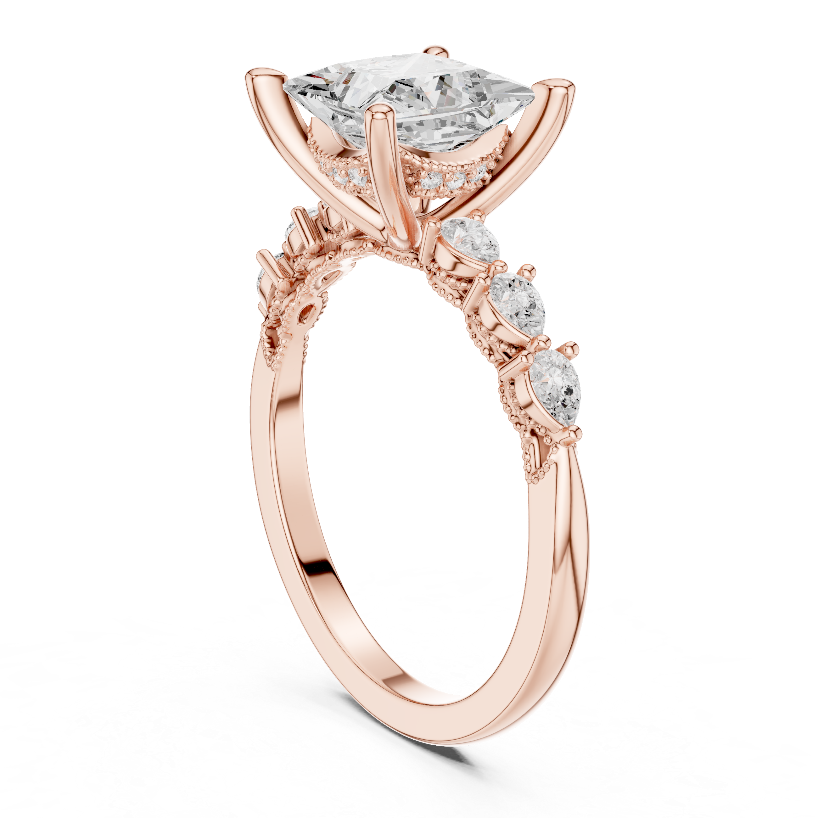2.33 CT Princess Cut Diamond Three-Stone Engagement Ring with Pear Side Accents