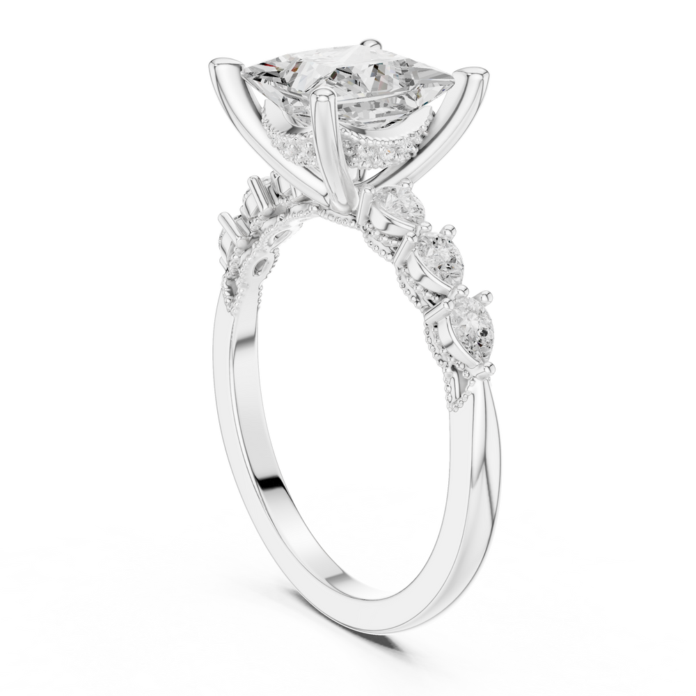 2.33 CT Princess Cut Diamond Three-Stone Engagement Ring with Pear Side Accents
