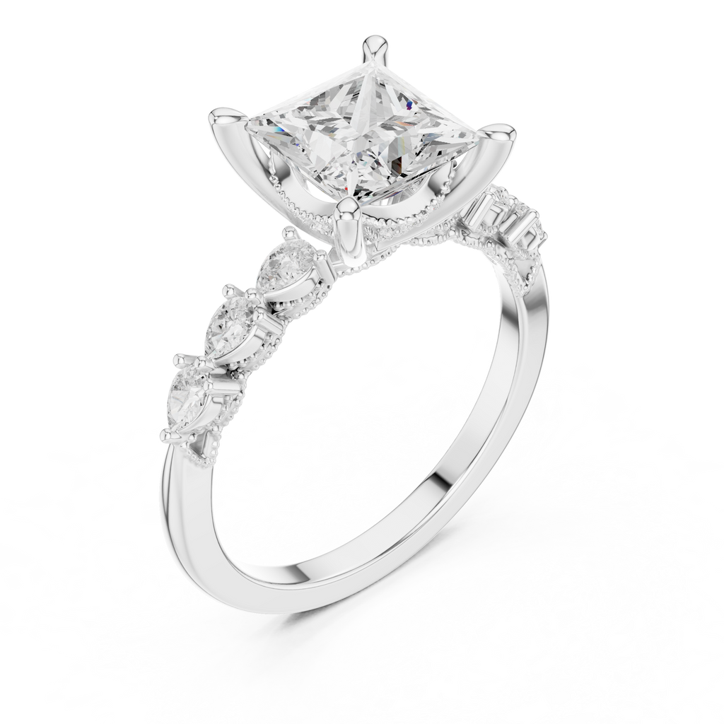 Princess Cut Diamond Three-Stone Engagement Ring with Pear Side Stones